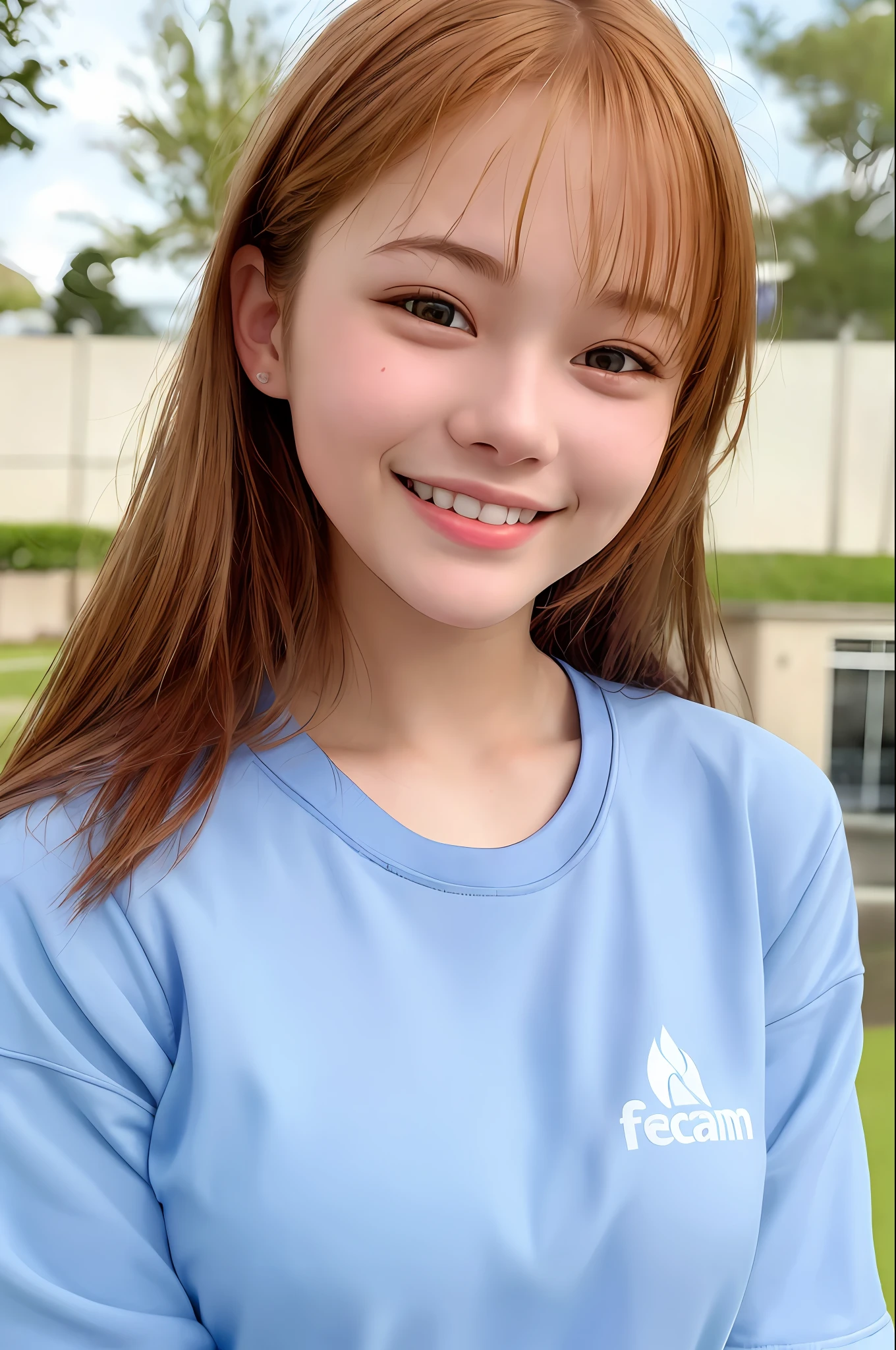 1 girl, beautiful face, 18 years old, smiling, looking viewer, school gym clothes, big, upper body, photo, realistic, best quality, adopted, detailed face, gymnasium, detailed background, diffuse lighting, depth of field, bokeh