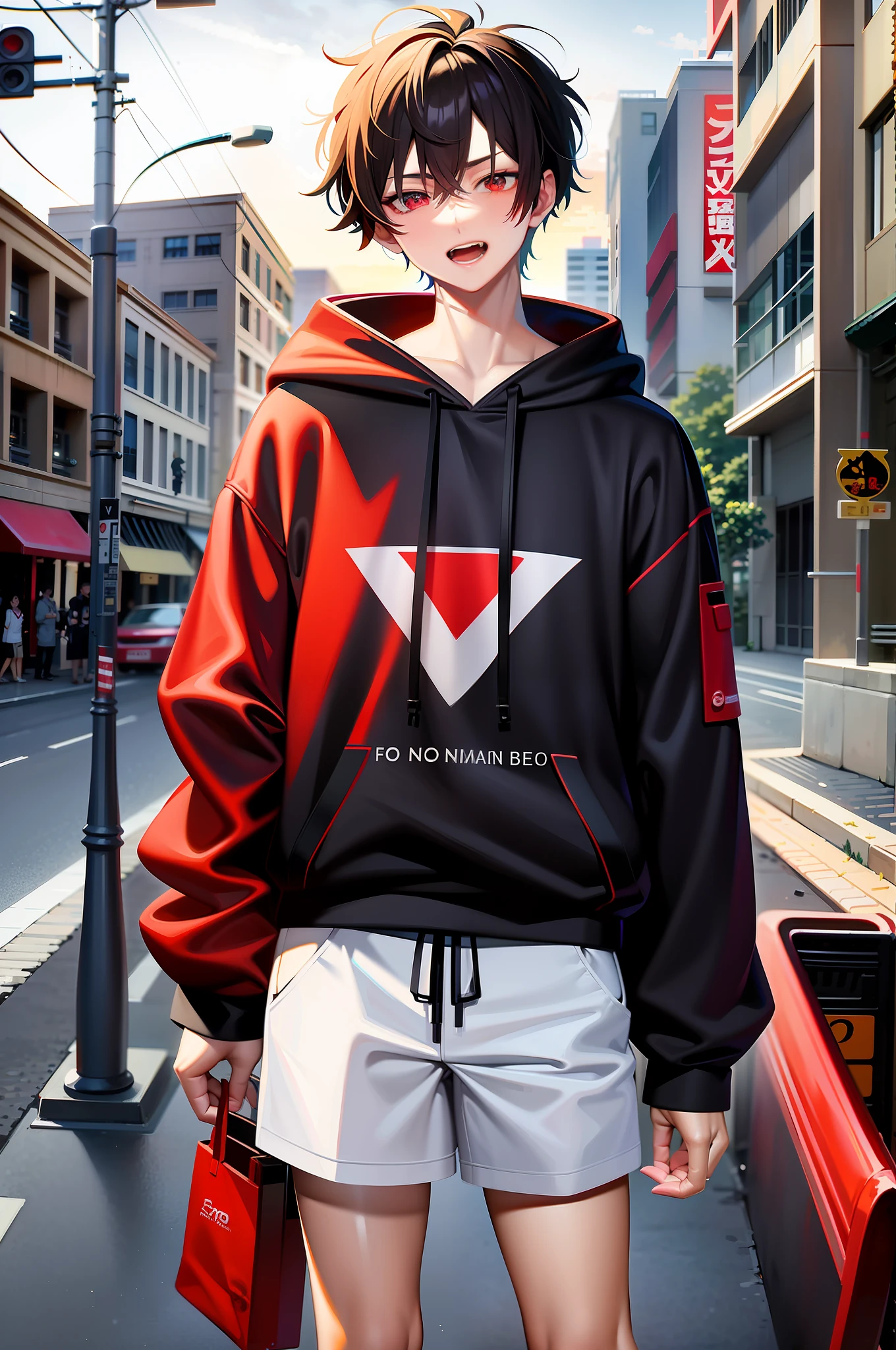 anime - style image of a man in a red and black hoodie standing on a city street, anime style 4 k, young anime man, badass anime 8 k, male anime style, high quality anime artstyle, anime style. 8k, 4k anime wallpaper, anime art wallpaper 8 k, anime style character, anime wallpaper 4 k, anime wallpaper 4k