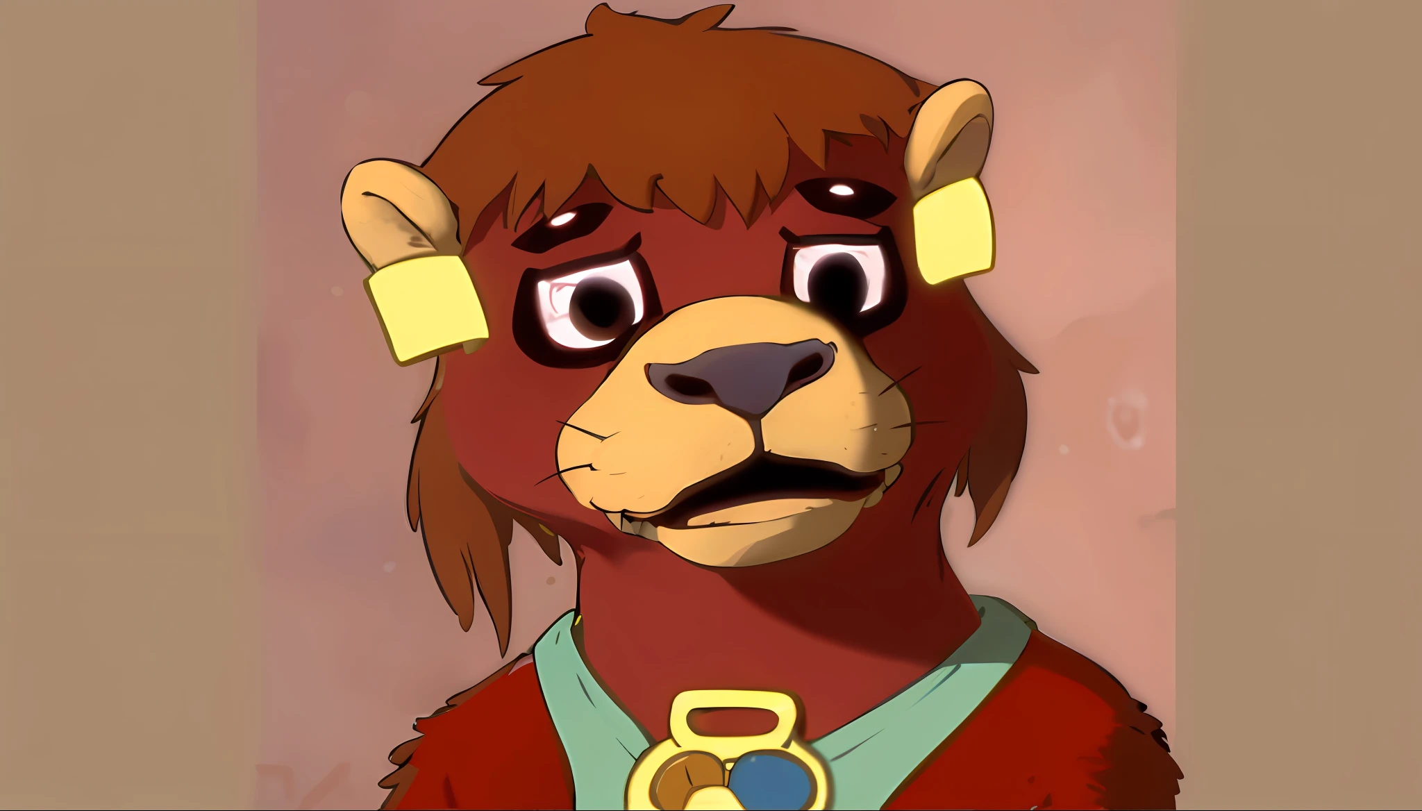 (best quality, masterpiece), Mythological red anthropomorphic otter with brown hair, traditional collar, In a Zootopia town. (sharp focus), (realistic), (perfect coat), (perfect details),