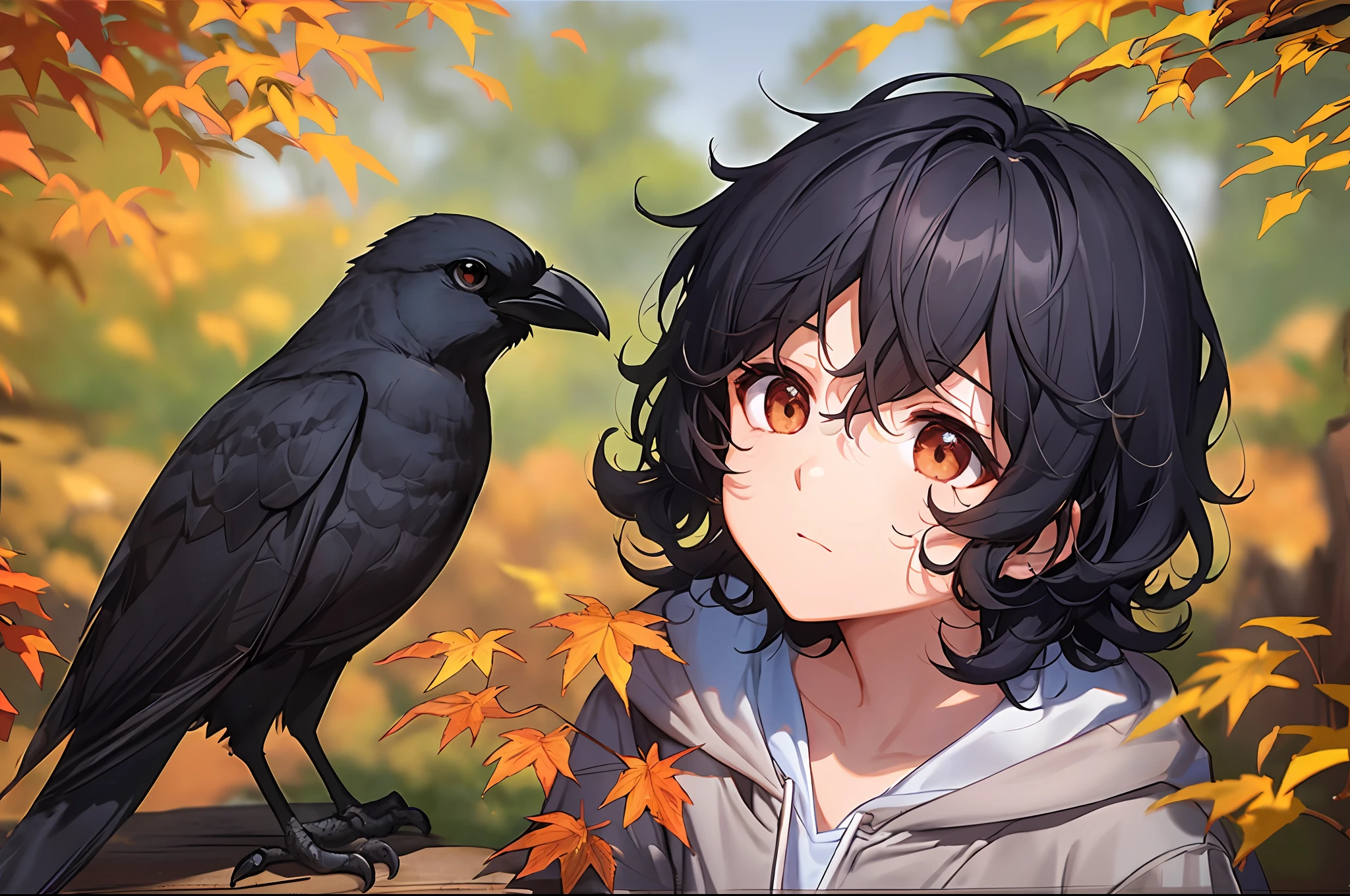 "(small boy with black hair, curly hair:1.2, playing with a crow in a quiet place brown leaves on the ground, autumn:0.8, calming colors, nature in the background)" --auto --s2