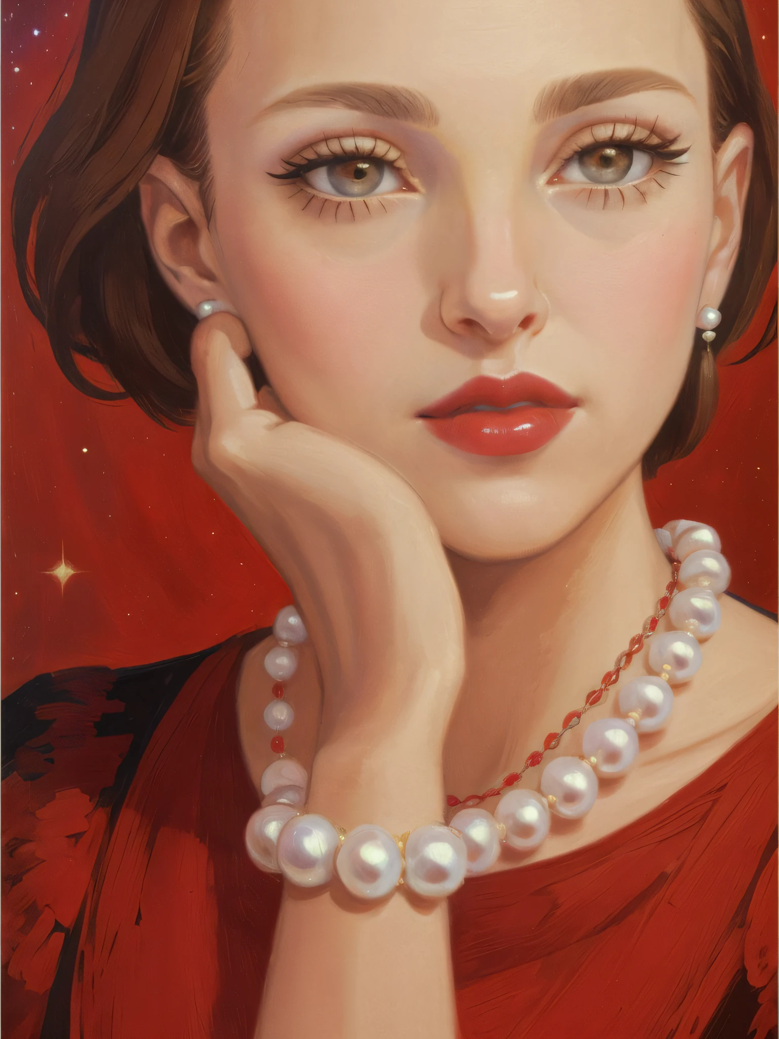 Natalie Portman, Oil painting, Renaissance, Leonardo da Vinci, model, modern style, modern clothing, pop star, cool, short hair red color pearl necklace, earrings, modern makeup, red lipstick, Starry night, dress with black stars, ring, defined strokes --auto --s2