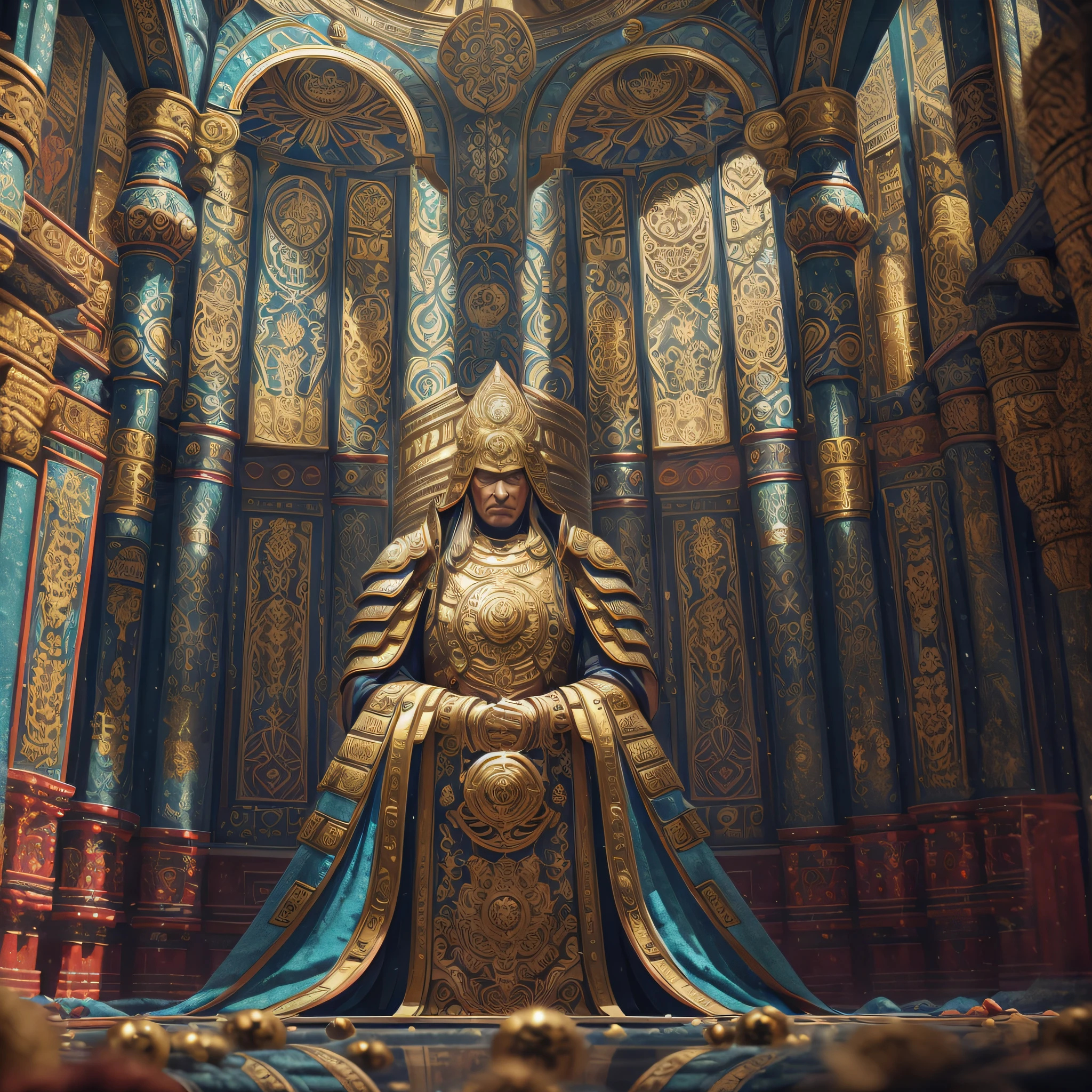 Create an elder with a serene face, inside a futuristic, vault-shaped, festive-looking, ultra-realistic temple with vibrant colors, 4k, cinematic lighting, natural lighting, vibrant multicolored lighting, film grain, cinematic lighting, high detail, photoreal, photorealistic, volumetric lighting and shading --auto --s2