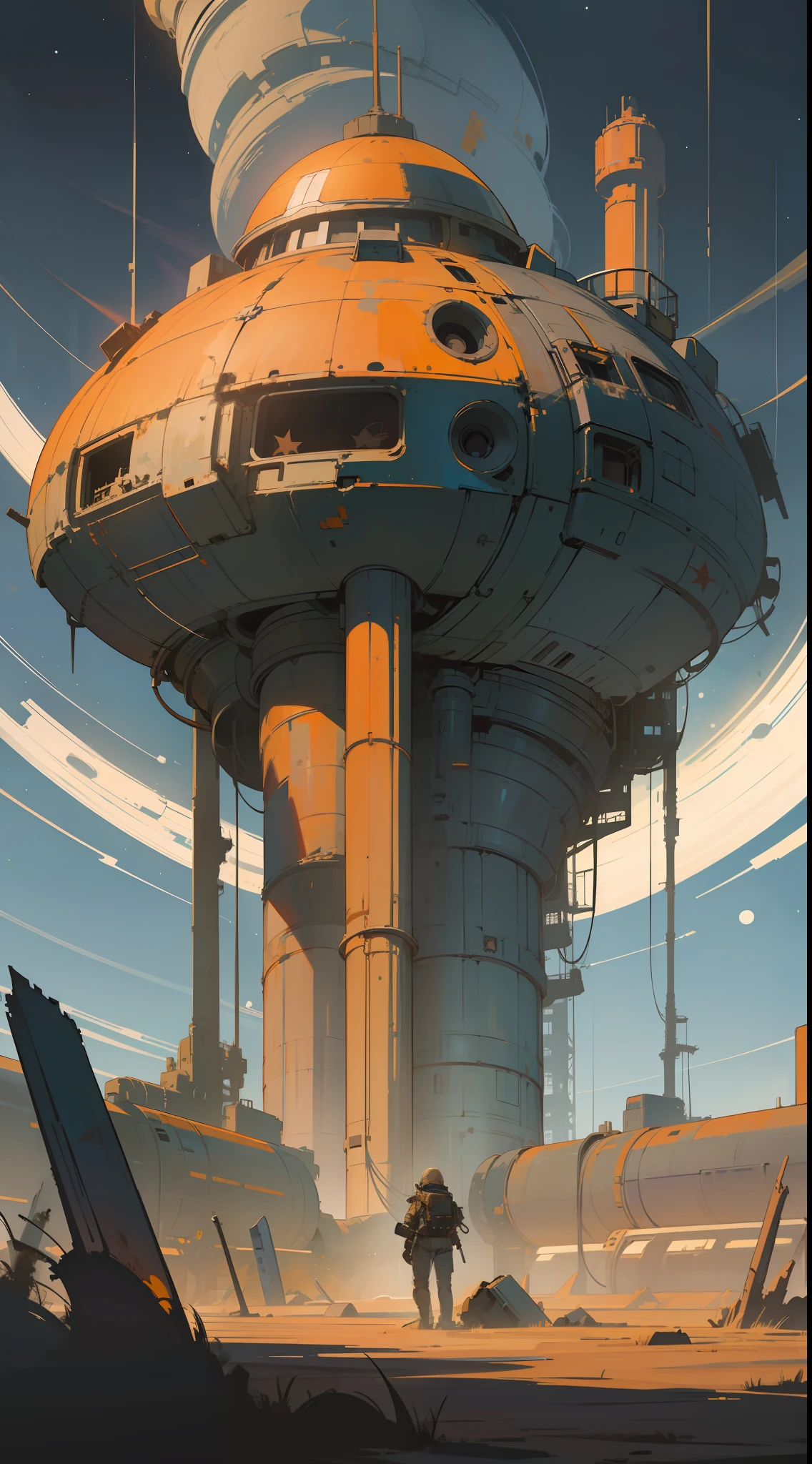 masterpiece, best quality, vintage pulp style, saturated colors, quality shading much contrast, in the far away outer space a futuristic fighter very rusty and destroyed in the middle of the image, many small pieces of metal floating throughout the illustration (gray and brown, against light), background a lot of small stars,  No background planets, only very bright (Volumetric light), (desolate, lonely, abandoned environment)