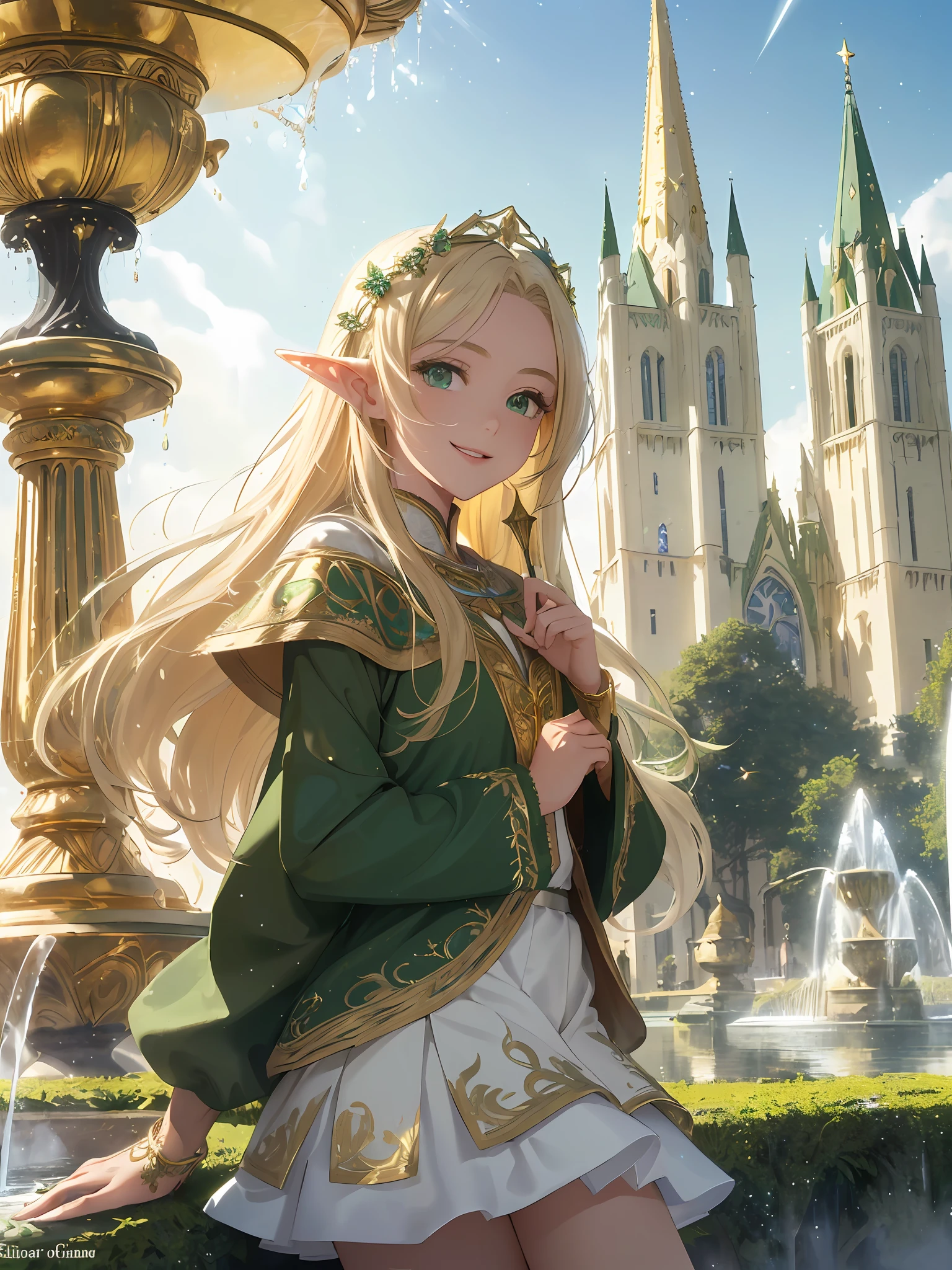 (Masterpiece, Best Quality, High Definition, High Detail)))), ((((Fantasy)))), Alone, (Elf Woman)))), (Short White Skirt with Gold Embroidery), (Blonde Long Straight Hair), (Glossy Dark Green Eyes), (Green Surcoat with Gold Embroidery), Big, (Cityscape of the Fortified City)), (Fountain in the center of the city)), Moonlight, Tilting your head, Smile, (Breeze) , light particles are flying