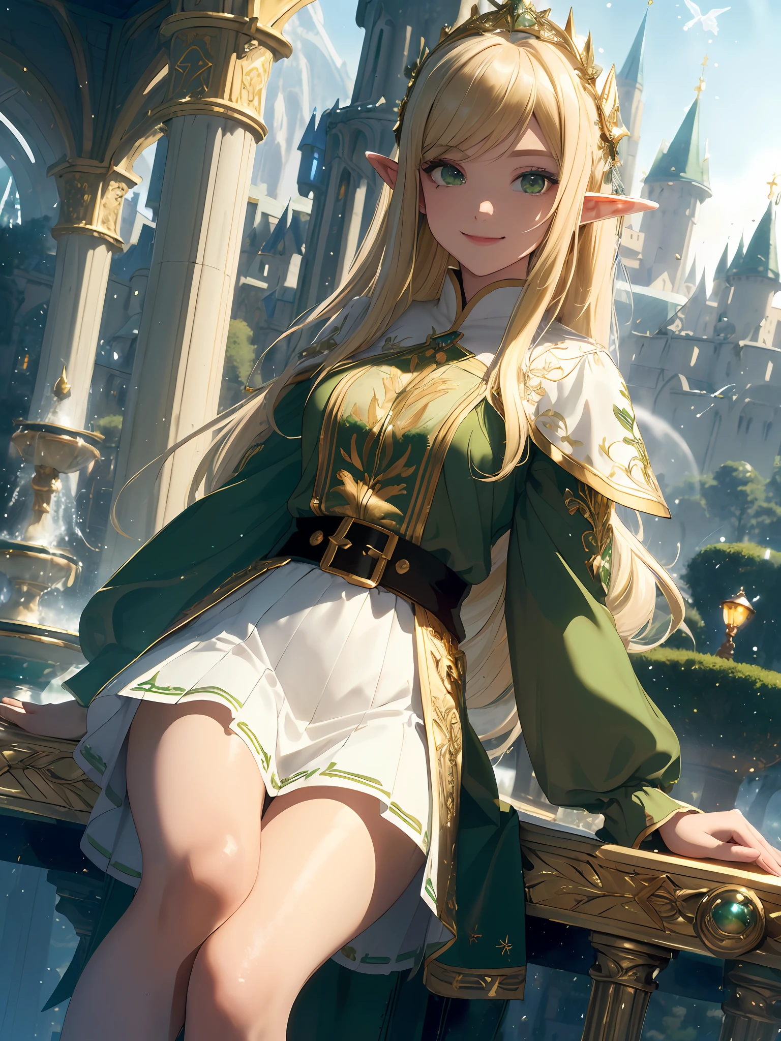 (Masterpiece, Best Quality, High Definition, High Detail)))), ((((Fantasy)))), Alone, (Elf Woman)))), (Short White Skirt with Gold Embroidery), (Blonde Long Straight Hair), (Glossy Dark Green Eyes), (Green Surcoat with Gold Embroidery), Big, (Cityscape of the Fortified City)), (Fountain in the center of the city)), Moonlight, Tilting your head, Smile, (Breeze) , light particles are flying