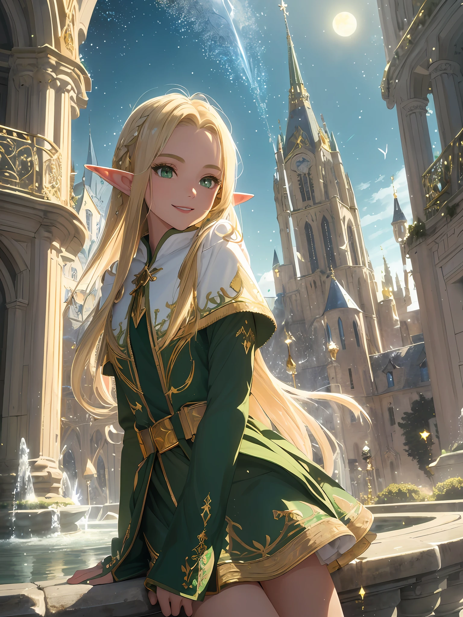 (Masterpiece, Best Quality, High Definition, High Detail)))), ((((Fantasy)))), Alone, (Elf Woman)))), (Short White Skirt with Gold Embroidery), (Blonde Long Straight Hair), (Glossy Dark Green Eyes), (Green Surcoat with Gold Embroidery), Big, (Cityscape of the Fortified City)), (Fountain in the center of the city)), Moonlight, Tilting your head, Smile, (Breeze) , light particles are flying