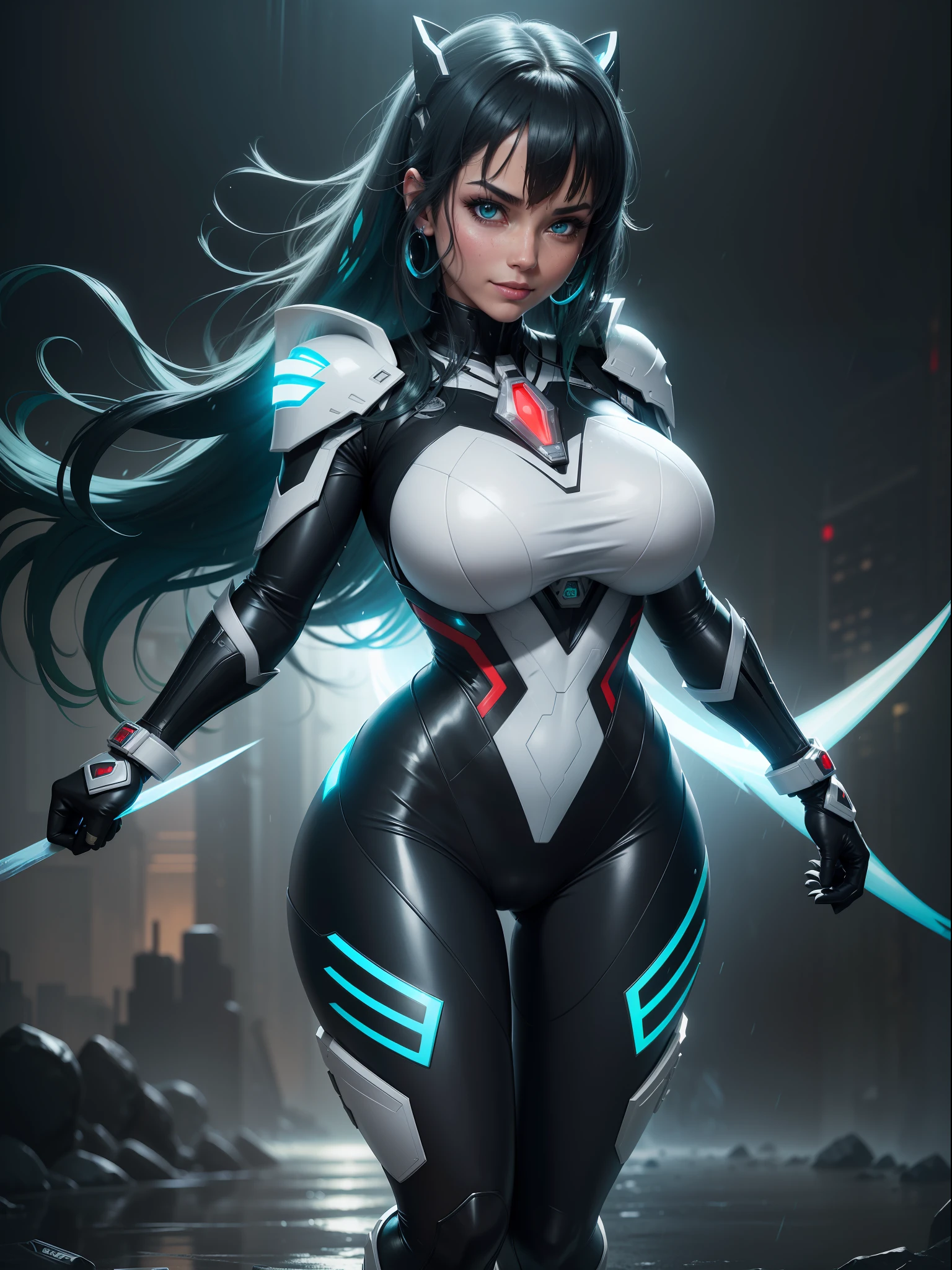 (full body photo),((Luana/Woman has large breasts, black with white parts/kamen Rider/Ultraman/futuristic/transparent costume, with luminous blue jewelry on the breastplate of the suit, extremely tight on the body, black boot)). In a futuristic city with heavy rain charged clouds in the night sky. Luana has ((green hair, blue eyes)), her hair and her clothes are extremely soaked, she is staring at the viewer, smiling. red cheek, front, anime, anime style, mortal kombat, 16k, UHD, best quality, high quality, award winning, anatomically correct, masterpiece