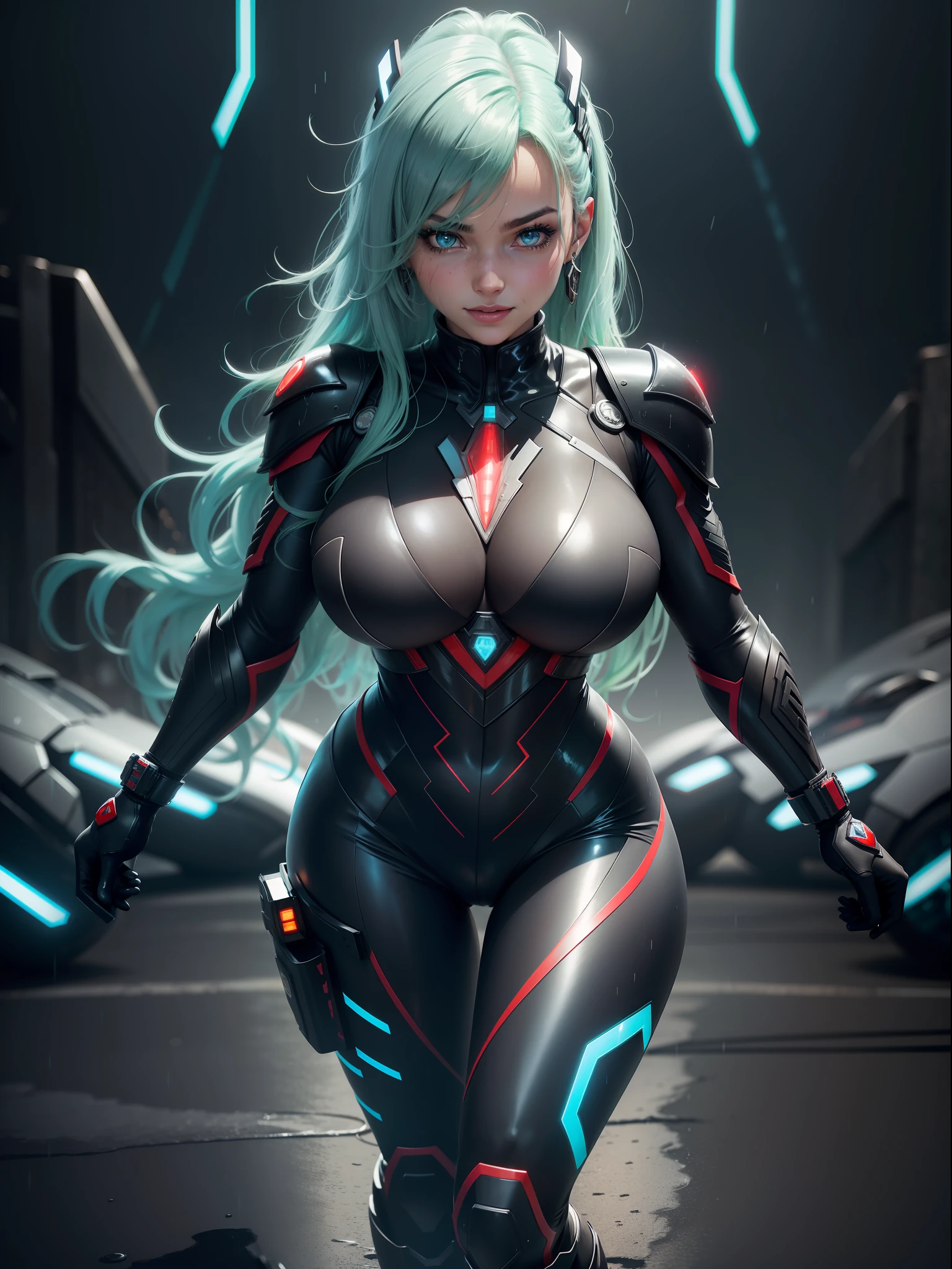 (full body photo),((Luana/Woman has large breasts, black with white parts/kamen Rider/Ultraman/futuristic/transparent costume, with luminous blue jewelry on the breastplate of the suit, extremely tight on the body, black boot)). In a futuristic city with heavy rain charged clouds in the night sky. Luana has ((green hair, blue eyes)), her hair and her clothes are extremely soaked, she is staring at the viewer, smiling. red cheek, front, anime, anime style, mortal kombat, 16k, UHD, best quality, high quality, award winning, anatomically correct, masterpiece