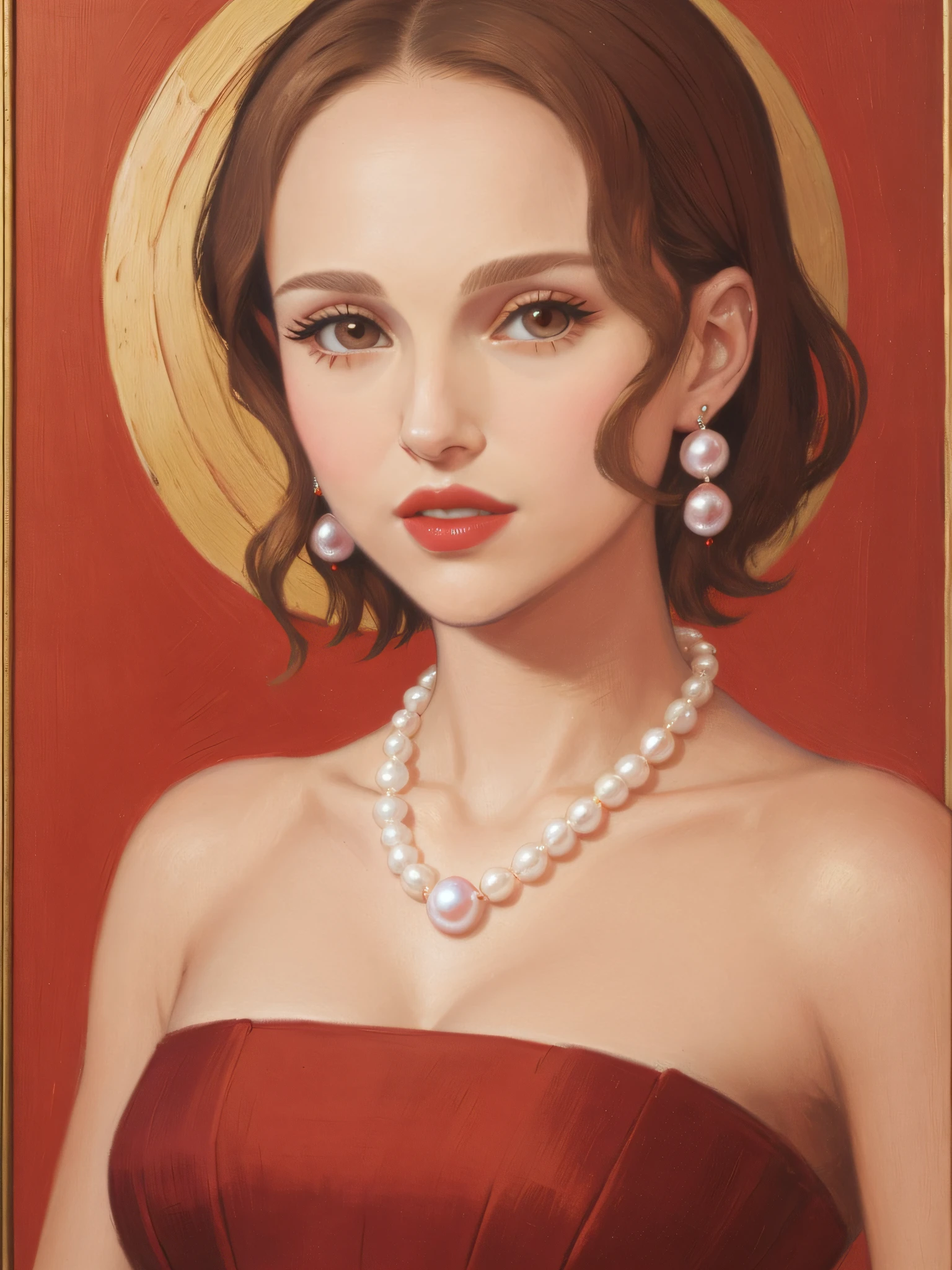 Natalie Portman, Oil painting, Renaissance, Leonardo da Vinci, model, modern style, modern clothing, pop star, cool, short hair red color pearl necklace, earrings, modern makeup, red lipstick, black star dress --auto --s2