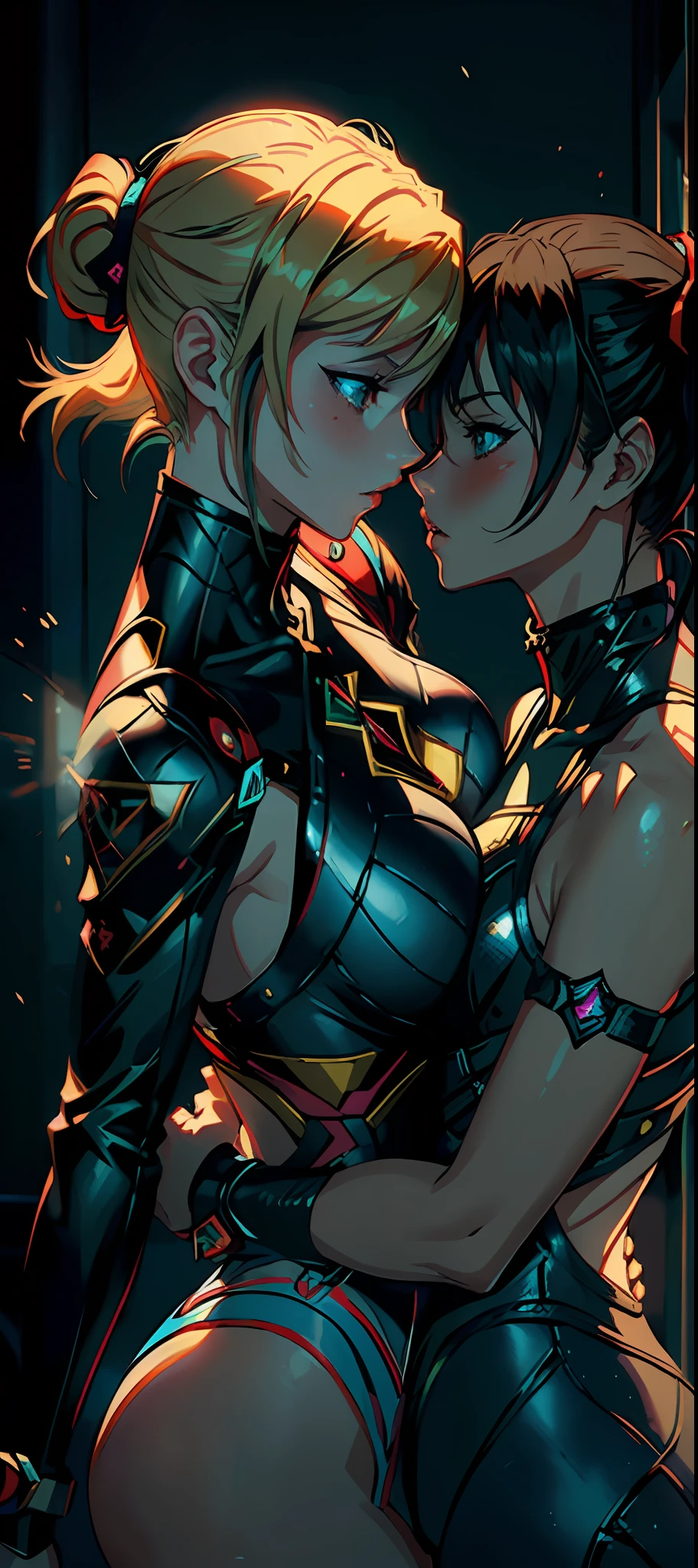 (masterpiece:1.2), ultra-realistic, anime-style,(Lidia Sobieska:1.3) kiss (Asuka Kazama:1.3), one blond with ponytail, one short haired dark hair, Tekken, vibrant colors, dynamic poses, dramatic lighting.