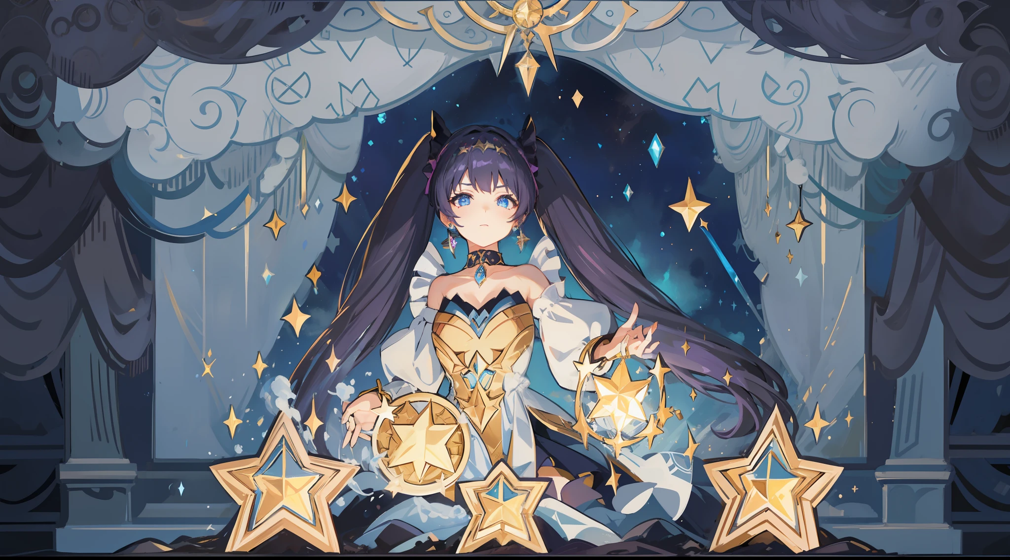 girl, solo, Mona \(Genshin Impact\), choker, hair between eyes, star \(symbol\), long hair, dark purple hair, twintails, blue eyes, shining eyes, earrings, jewelry, witch, maid, bangs, black shoes, landscape, night sky, star \(sky\), starry sky, night, outdoor, clouds, reflection, water, magic, tarot, water magic, sorceress, fairy, ((beautiful golden crystal star))