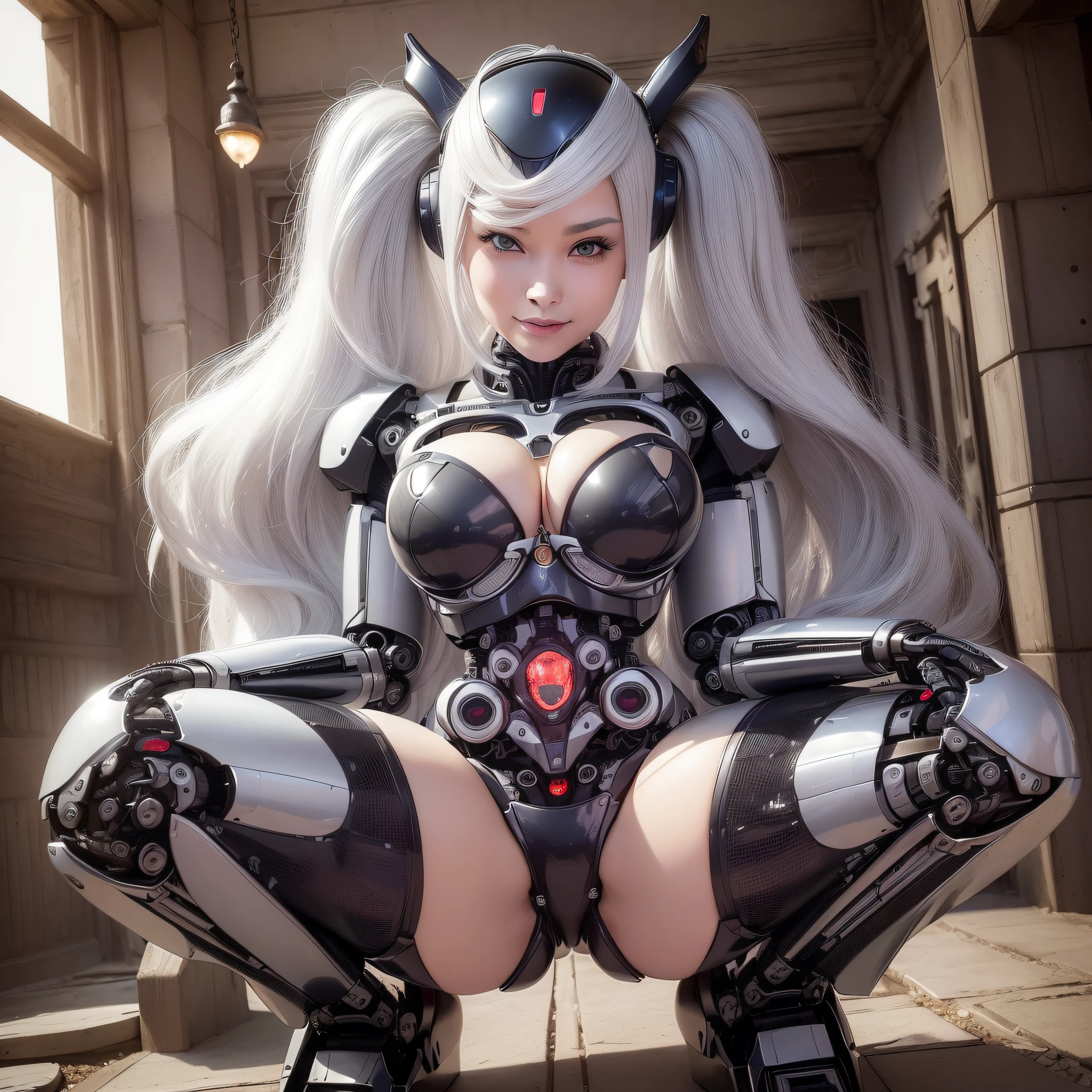 Beautiful Face,1 Woman, Curvaceous, Top Quality, Masterpiece, Ultra Detailed, ((((Bikini Cyborg Robot Parts)))), (Light Grey Hair), Long Hair, Wavy Hair, Twin Tails, Medium Shot, (((Seductive Smile)), (Black Eyes), Princess Cut, (Cowboy Shot),Squatting,Spread Your Legs,HR Giger,