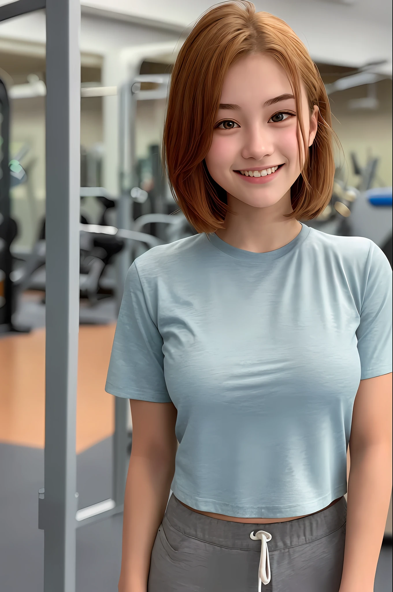 girl 1 person, beautiful face, 18 years old, smiling, viewer, looking at gym, gym time, t-shirt, shorts, big, photo, realistic, best quality, adopted, detailed face, gymnasium, detailed background, diffuse lighting, depth of field, bokeh