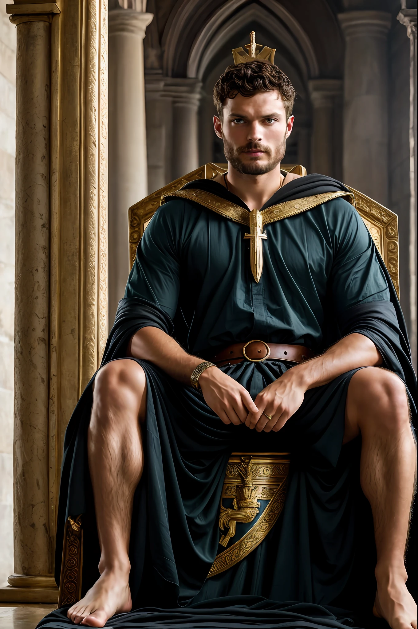 create God Gladiator sitting on a throne) , giant throne, Jamie Dornan, Wearing a tunic,, (Brunette with model face), wearing dark beard, dark short hair, man similar to actor jamie dornan, (high quality and realistic image), cinematic style, ((Best quality, 8k, Masterpiece).