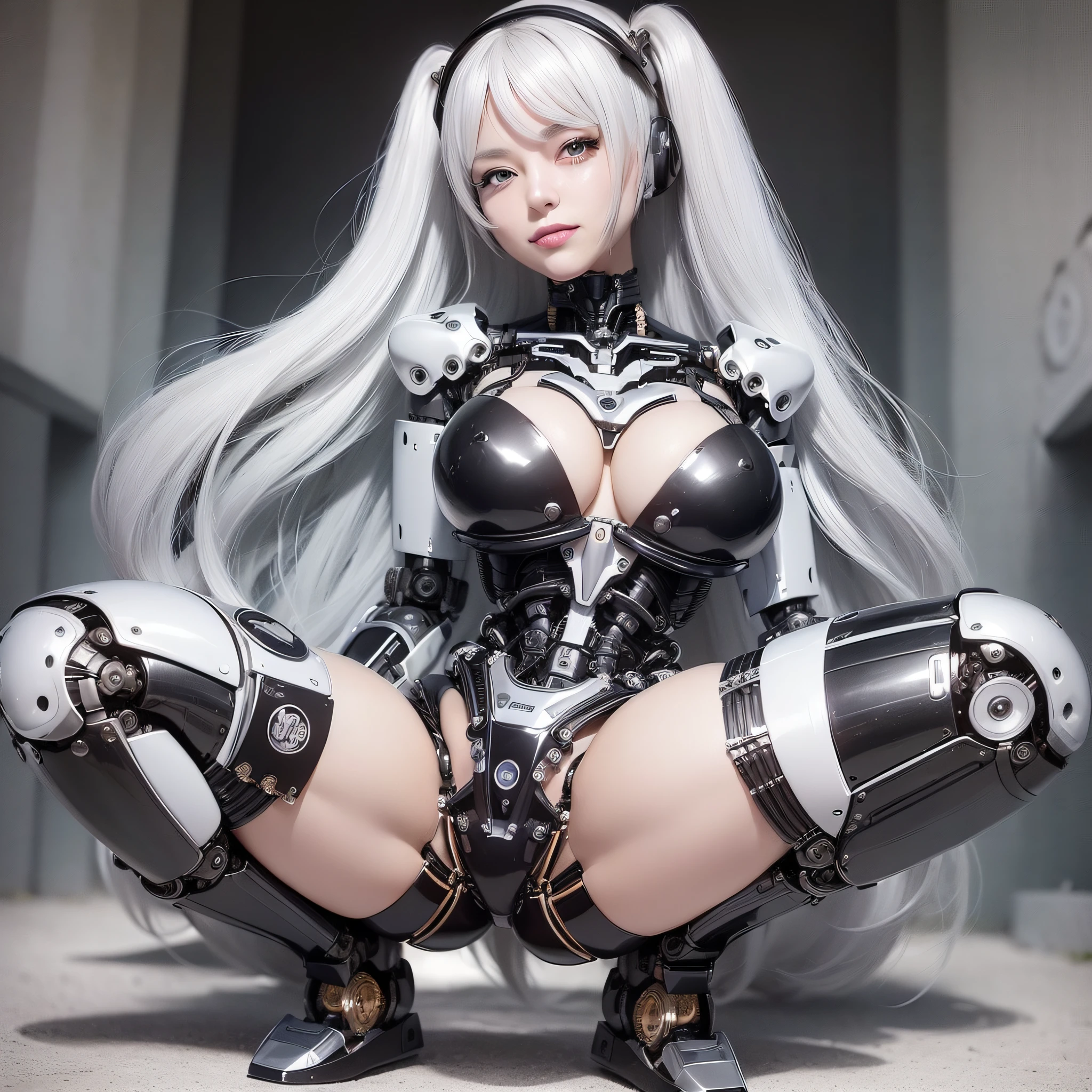 Beautiful Face,1 Woman, Curvaceous, Top Quality, Masterpiece, Ultra Detailed, ((((Bikini Cyborg Robot Parts)))), (Light Grey Hair), Long Hair, Wavy Hair, Twin Tails, Medium Shot, (((Seductive Smile)), (Black Eyes), Princess Cut, (Cowboy Shot),Squatting,Spread Your Legs,HR Giger,