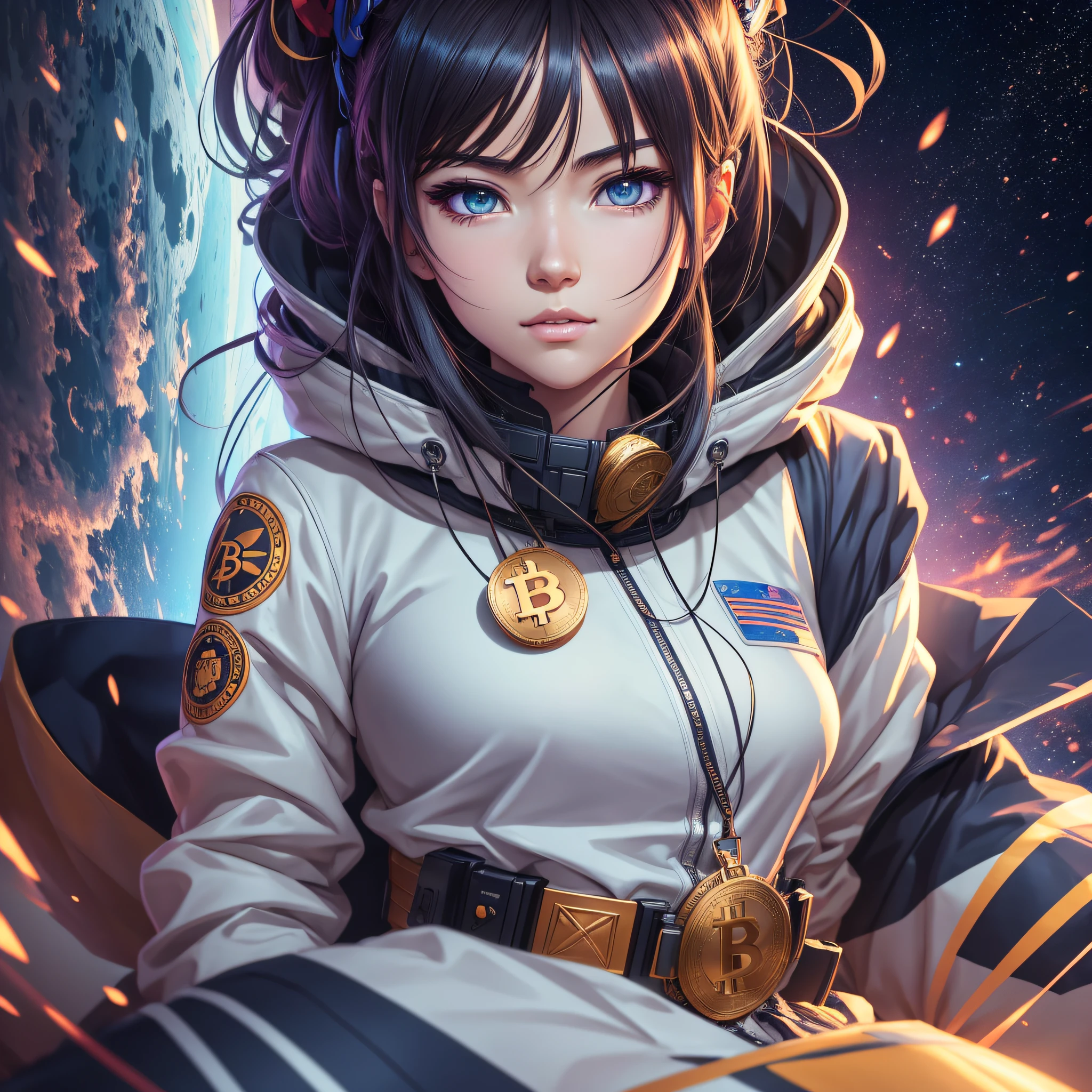 Anime girl with a medal and a medal of Bitcoin around the neck, full body, portrait anime space cadet girl , detailed digital anime art, wojtek fus, beautiful detailed digital art, cgsociety portrait, fanart best artstation, ig model | Artgerm, Yanjun Chengt, 4K highly detailed digital art, anime digital art, beautiful digital art, official Behance HD fanart