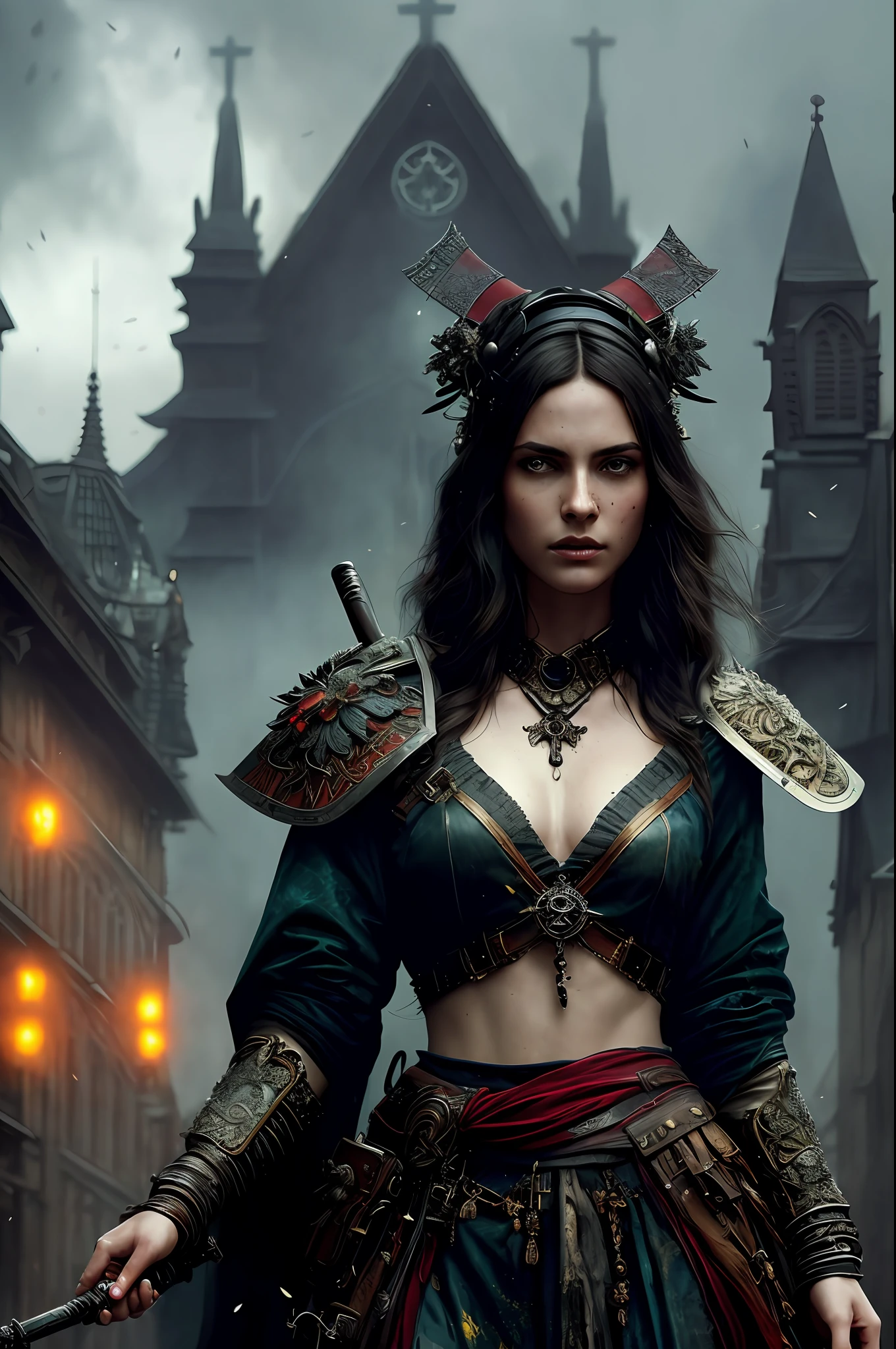 beautiful (swedish:1.3) wearing stunning outfit, (insanely detailed:1.5), light particle, (mist on the floor:1.2), ((solo)), (highest quality, Alessandro Casagrande, Greg Rutkowski, Sally Mann, concept art, 4k), (colorful), (high sharpness), ((detailed pupils)), red eyes, ((painting:1.1)), (digital painting:1.1), detailed face and eyes,Masterpiece, best quality, highly detailed photo:1, 8k, detailed face,photorealistic, dark and gloomy,By jeremy mann, by sandra chevrier, by maciej kuciara, ((small Breast)),((samurai)), sharp, ((perfect body)), realistic, real shadow, 3d, ((full body)), ((dark and gloomy church background:1.2)), (by Michelangelo)