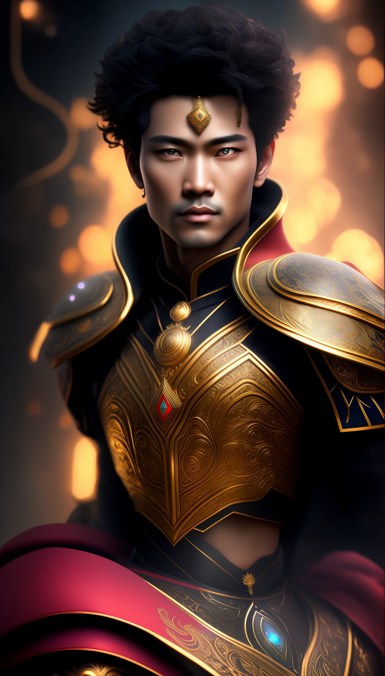 black background:1.2), golden light, starlight, (ultra high res, photorealistic, realistic, best quality, photo-realistic), (masterpiece), (best quality:1.4), full body, 1man, asian man, 45-years-old, jewelry, hair over one eye, bracelet, black hair, pattern on zodiac background with Knight of Aquarius dressed, ring, circlet, necklace, armlet, looking at viewer, lips, blue eyes, parted lips, Aquarius symbol, realistic fantasy, full portrait body, beautiful and powerful, rim light, DSLR, portrait lens, captivating, enchanting, mythical, detailed full portrait, beauty and strength, mirrorless, prime lens, mesmerizing, color film, ethereal, realistic fantasy, intricate details, smartphone, standard lens, morning, powerful, reflection background, digital, close-up head, facing camera, realistic digital painting portrait of an asian male, (curly gray hair:1.1), (dark brown hair:1.3), magical dark and red universe, magic cloth armor with red and yellow engrave in intricate details, (abstract background:1.2), (light particle:1.1), (very detailed skin:1.2), (game concept:1.3), (elden ring style:1.3), (arcane style:0.8), (depth of field:1.3), global illumination, art by hoang lap and fuji hoko and artgerm and greg rutkowski and viktoria gavrilenko, Nero Light, bioluminescence, translucidluminescence, art glass, real-time reflections, semi-realistic, photorealism, ultra-detail.