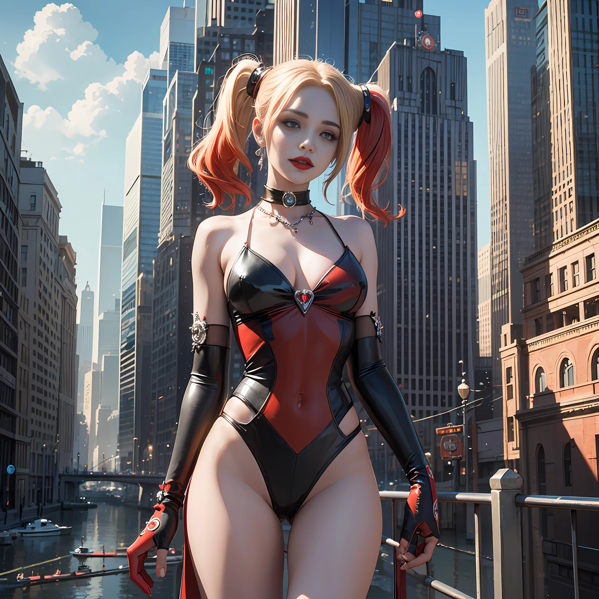 beautiful Harley Quinn, Art Deco, city background, masterpiece, super detail, high quality, award winning, best quality, 8k --auto --s2