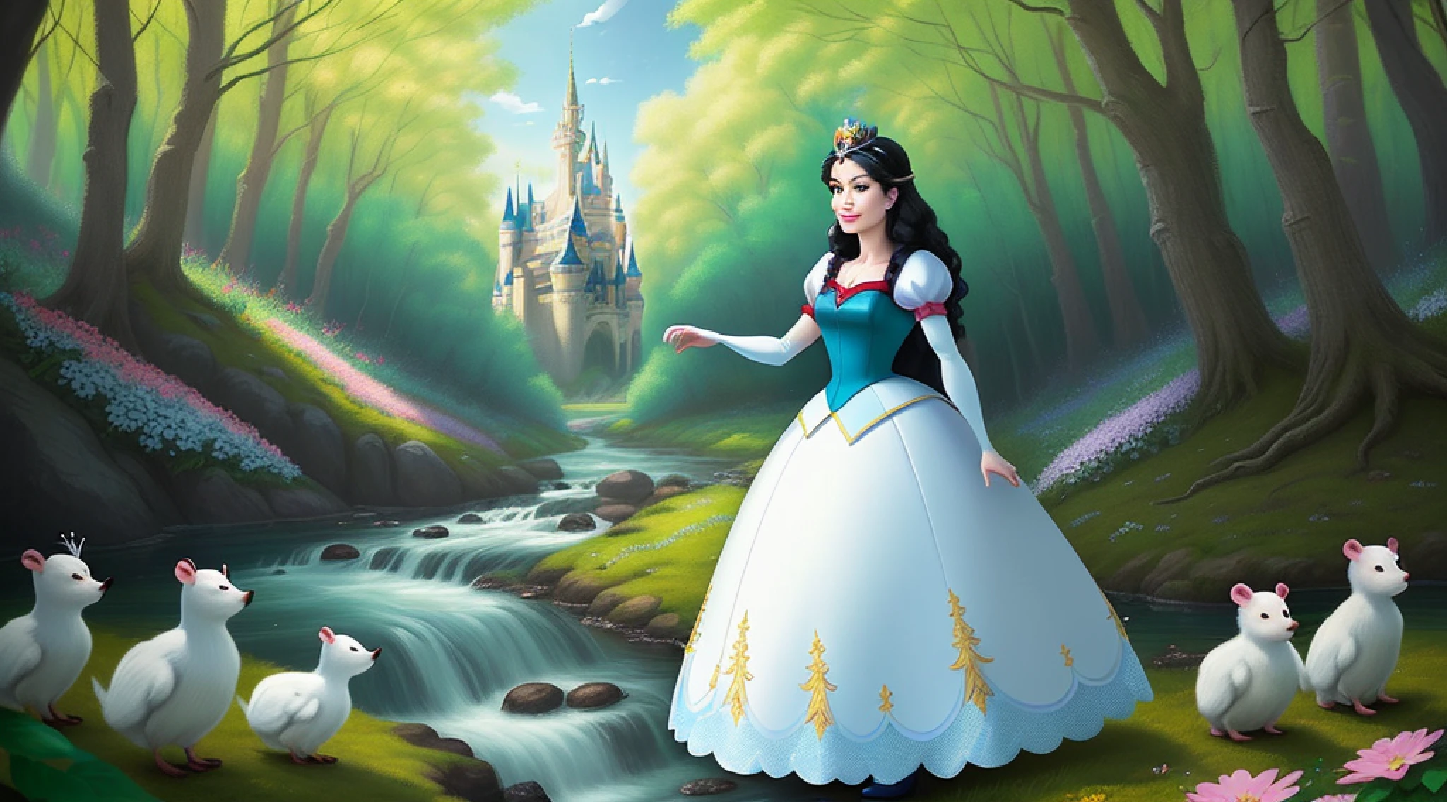 a middle-aged Disney Princess Snow White wearing a crown in the woods with many cute animals near her, dancing first-person view. Many flowers of various colors. A sunny day. with a river and a fairytale castle in the background. Walt Disney cartoon style., nervous, nervous smile, Wide-Angle, f/2.8, Canon, masterpiece