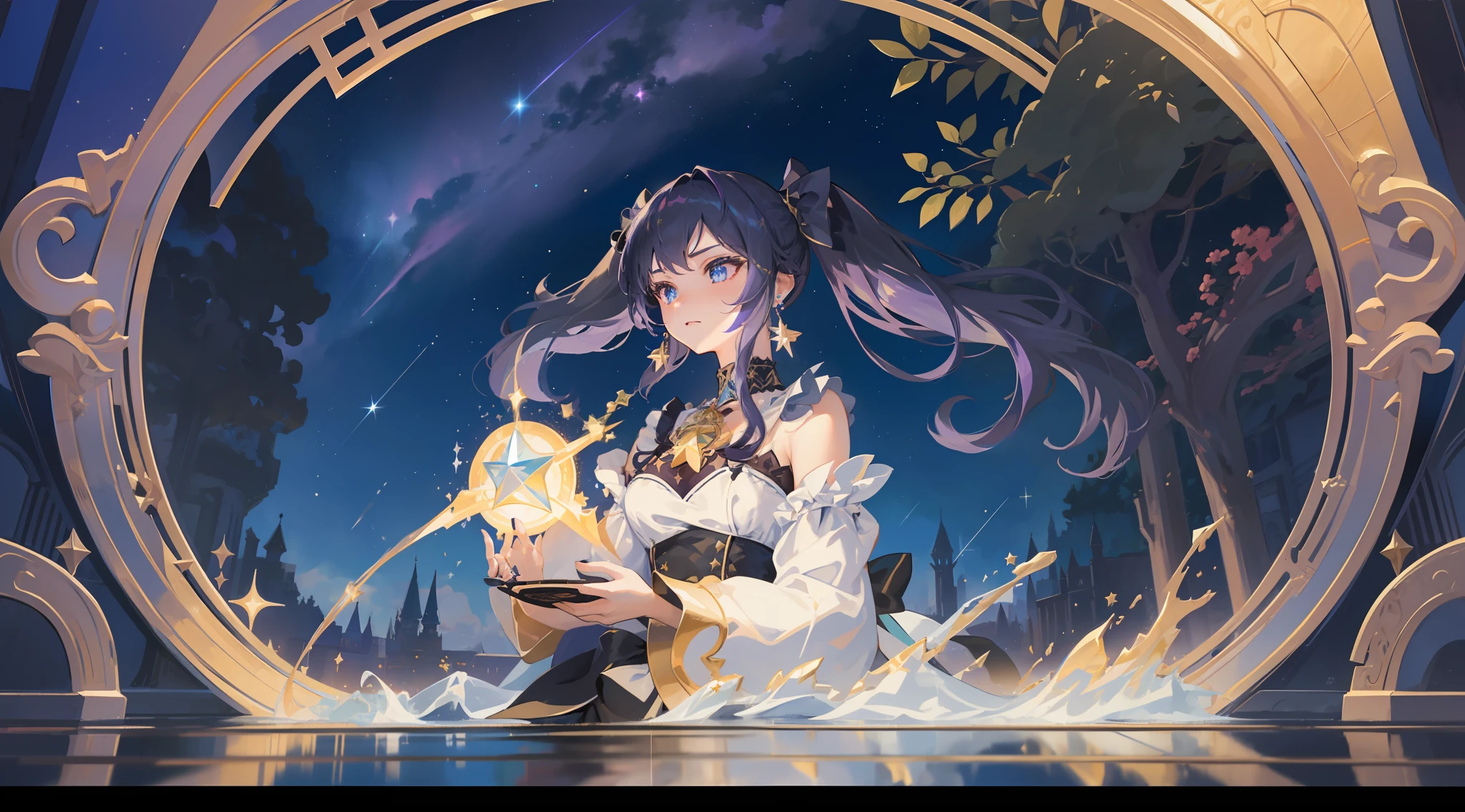 girl, solo, Mona \(Genshin Impact\), choker, hair between eyes, star \(symbol\), long hair, dark purple hair, twintails, blue eyes, shining eyes, earrings, jewelry, witch, maid, bangs, black shoes, landscape, night sky, star \(sky\), starry sky, night, outdoor, clouds, reflection, water, magic, tarot, water magic, sorceress, fairy, ((beautiful golden crystal star))
