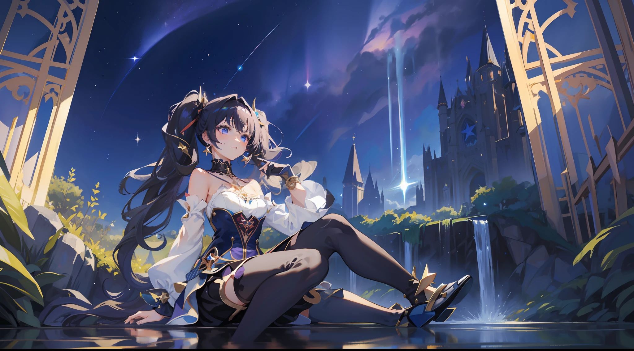 girl, solo, Mona \(Genshin Impact\), choker, hair between eyes, star \(symbol\), long hair, dark purple hair, twintails, blue eyes, shining eyes, earrings, jewelry, witch, maid, bangs, black shoes, landscape, night sky, star \(sky\), starry sky, night, outdoor, clouds, reflection, water, magic, tarot, water magic, sorceress, fairy, ((beautiful golden crystal star))