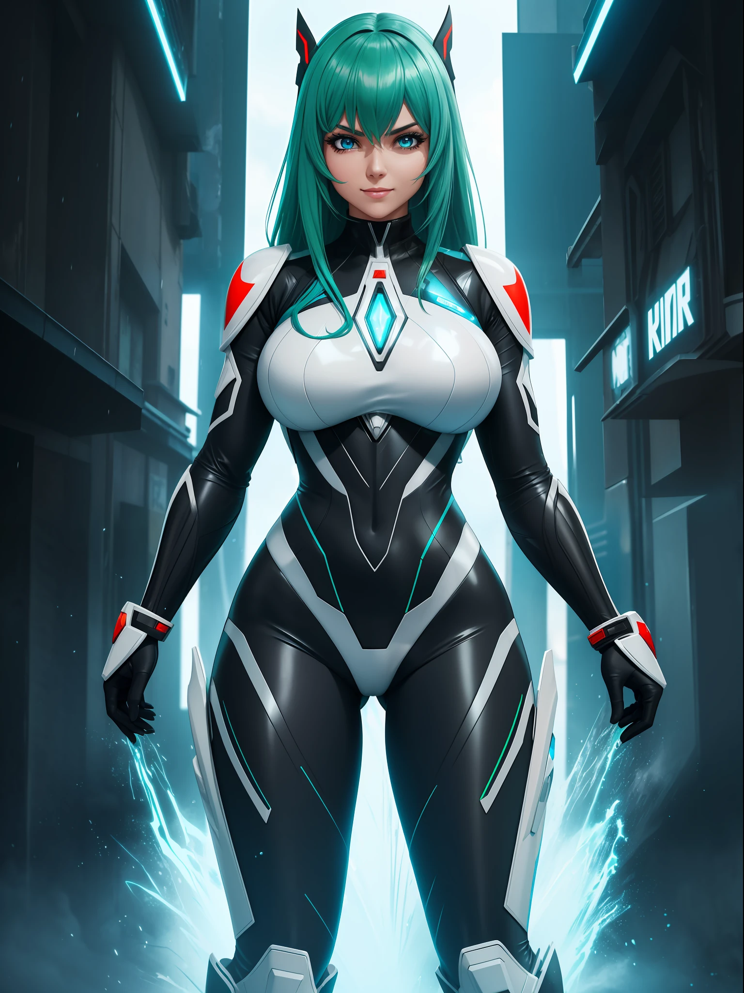 (full body photo),((Luana/Woman with big breasts, black with white parts/kamen Rider/Ultraman/futuristic/transparent cemi costume, with luminous blue jewelry on the breastplate of the suit, extremely tight on the body, black boot)). In a futuristic city with heavy rain charged clouds in the night sky. Luana has ((green hair, blue eyes)), her hair and her clothes are extremely soaked, she is staring at the viewer, smiling. red cheek, front, anime, anime style, mortal kombat, 16k, UHD, best quality, high quality, award winning, anatomically correct, masterpiece