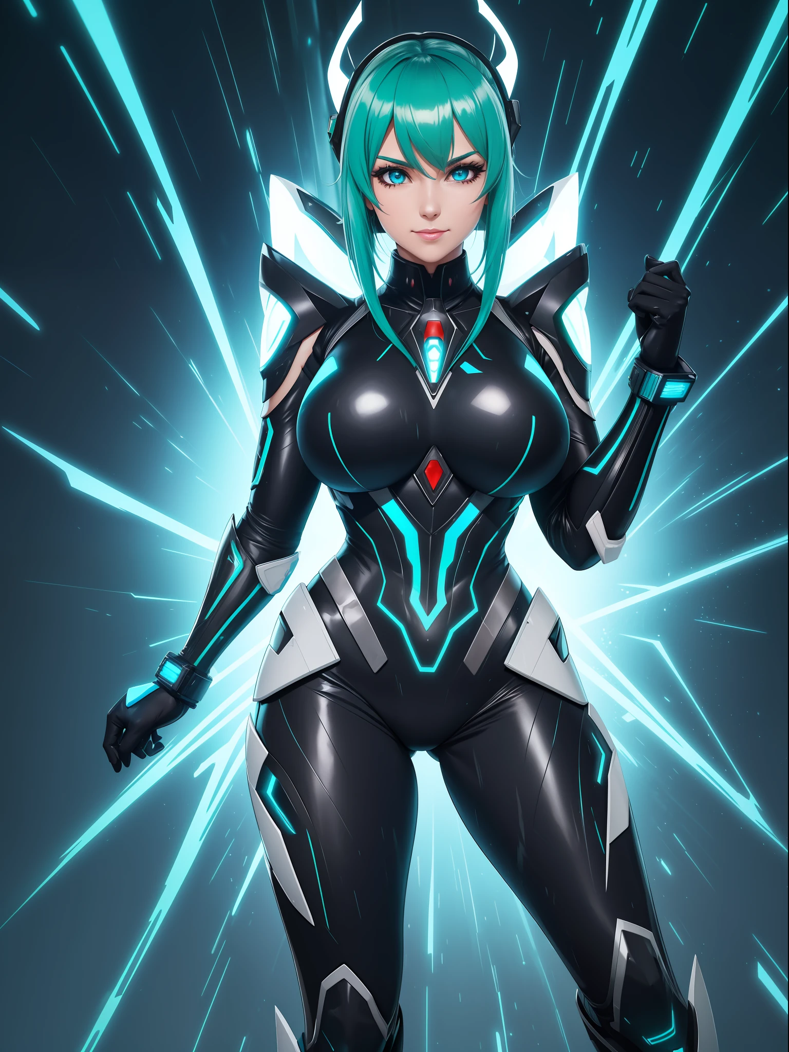 (full body photo),((Luana/Woman with big breasts, black with white parts/kamen Rider/Ultraman/futuristic/transparent cemi costume, with luminous blue jewelry on the breastplate of the suit, extremely tight on the body, black boot)). In a futuristic city with heavy rain charged clouds in the night sky. Luana has ((green hair, blue eyes)), her hair and her clothes are extremely soaked, she is staring at the viewer, smiling. red cheek, front, anime, anime style, mortal kombat, 16k, UHD, best quality, high quality, award winning, anatomically correct, masterpiece
