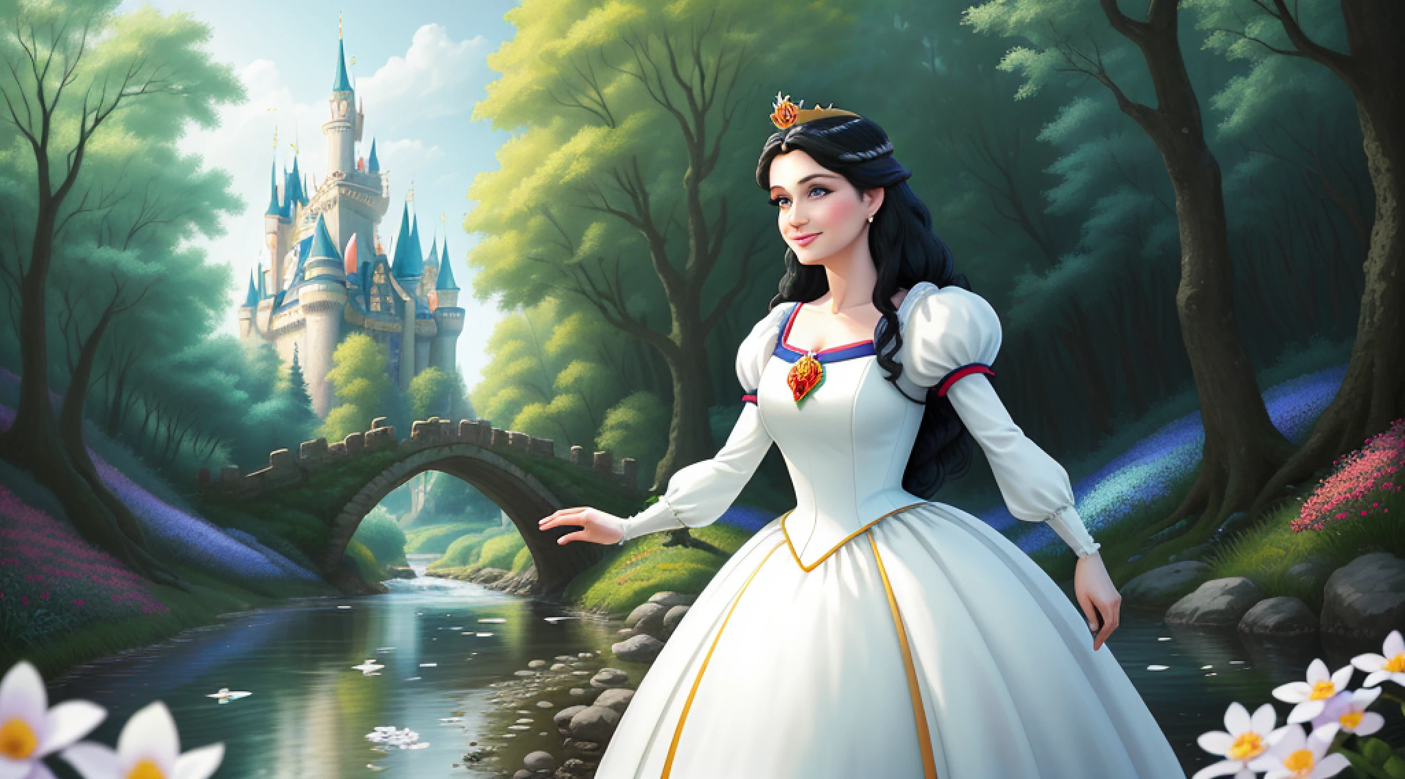 a middle-aged Disney Princess Snow White wearing a crown in the woods with many cute animals near her, dancing first-person view. Many flowers of various colors. A sunny day. with a river and a fairytale castle in the background. Walt Disney cartoon style., nervous, nervous smile, Wide-Angle, f/2.8, Canon, 360 view, f/16, 85mm, masterpiece