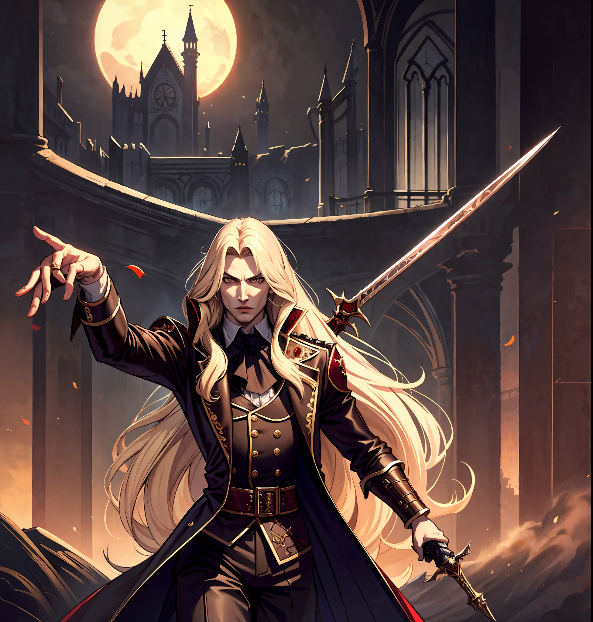 masterpiece, high quality, high resolution, absurdities, fine details, alucard castlevania netflix, vampire killer, man, handsome, fighting stance with a sword, night, castle,