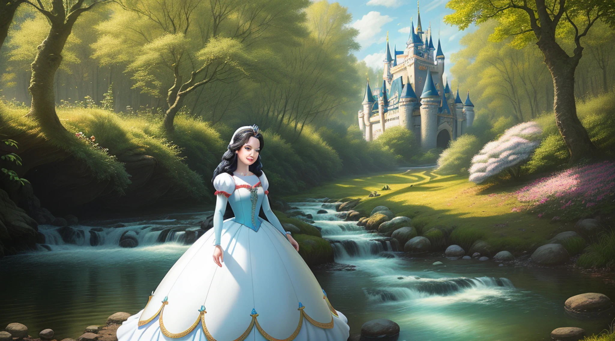 a middle-aged Disney Princess Snow White wearing a crown in the woods with many cute animals near her, dancing first-person view. Many flowers of various colors. A sunny day. with a river and a fairytale castle in the background. Walt Disney cartoon style., nervous, nervous smile, Wide-Angle, f/2.8, Canon, 360 view, f/16, 85mm, masterpiece