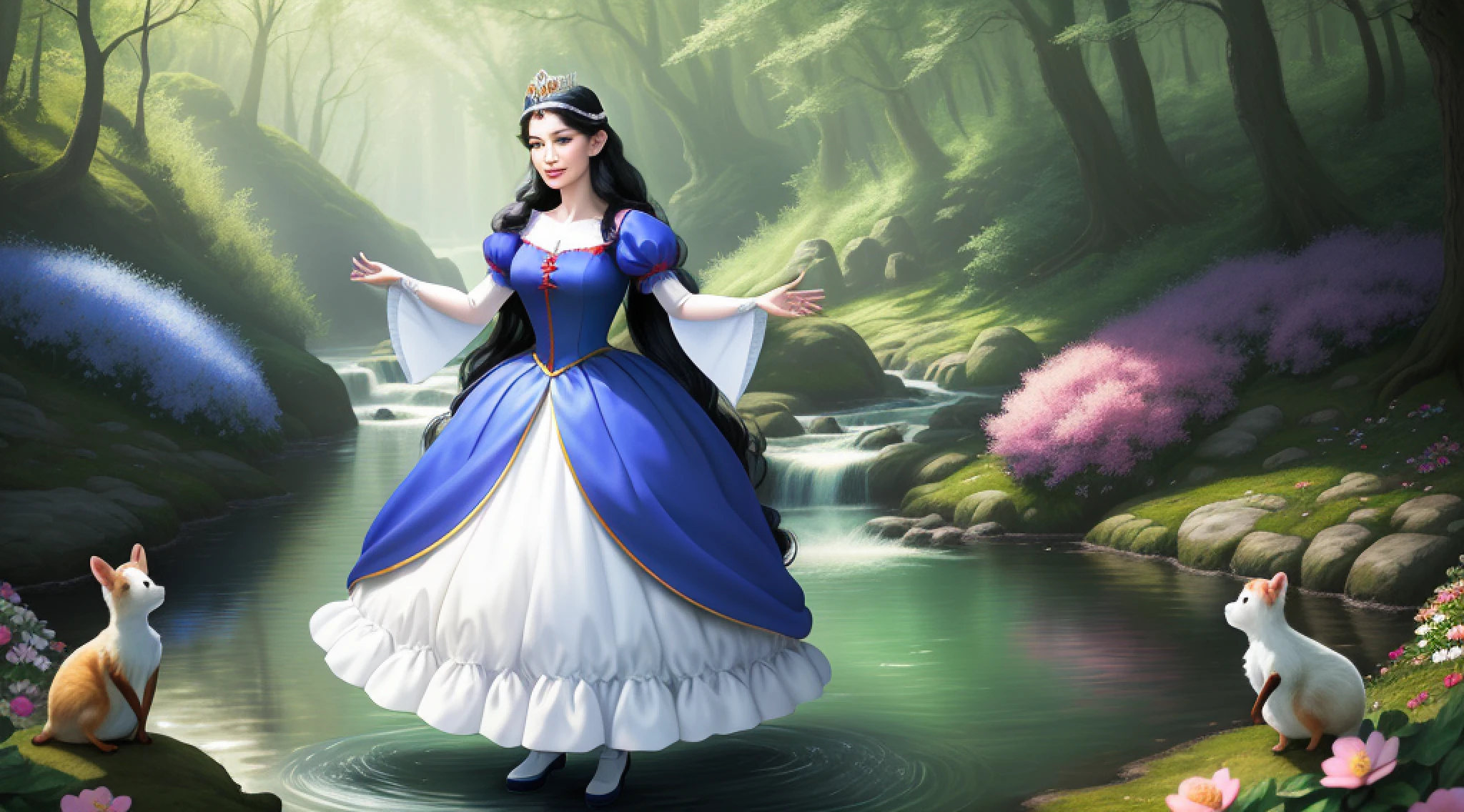 a middle-aged Disney Princess Snow White wearing a crown in the woods with many cute animals near her, dancing first-person view. Many flowers of various colors. A sunny day. with a river and a fairytale castle in the background. Walt Disney cartoon style., nervous, nervous smile, Wide-Angle, f/2.8, Canon, 360 view, f/16, 85mm, masterpiece