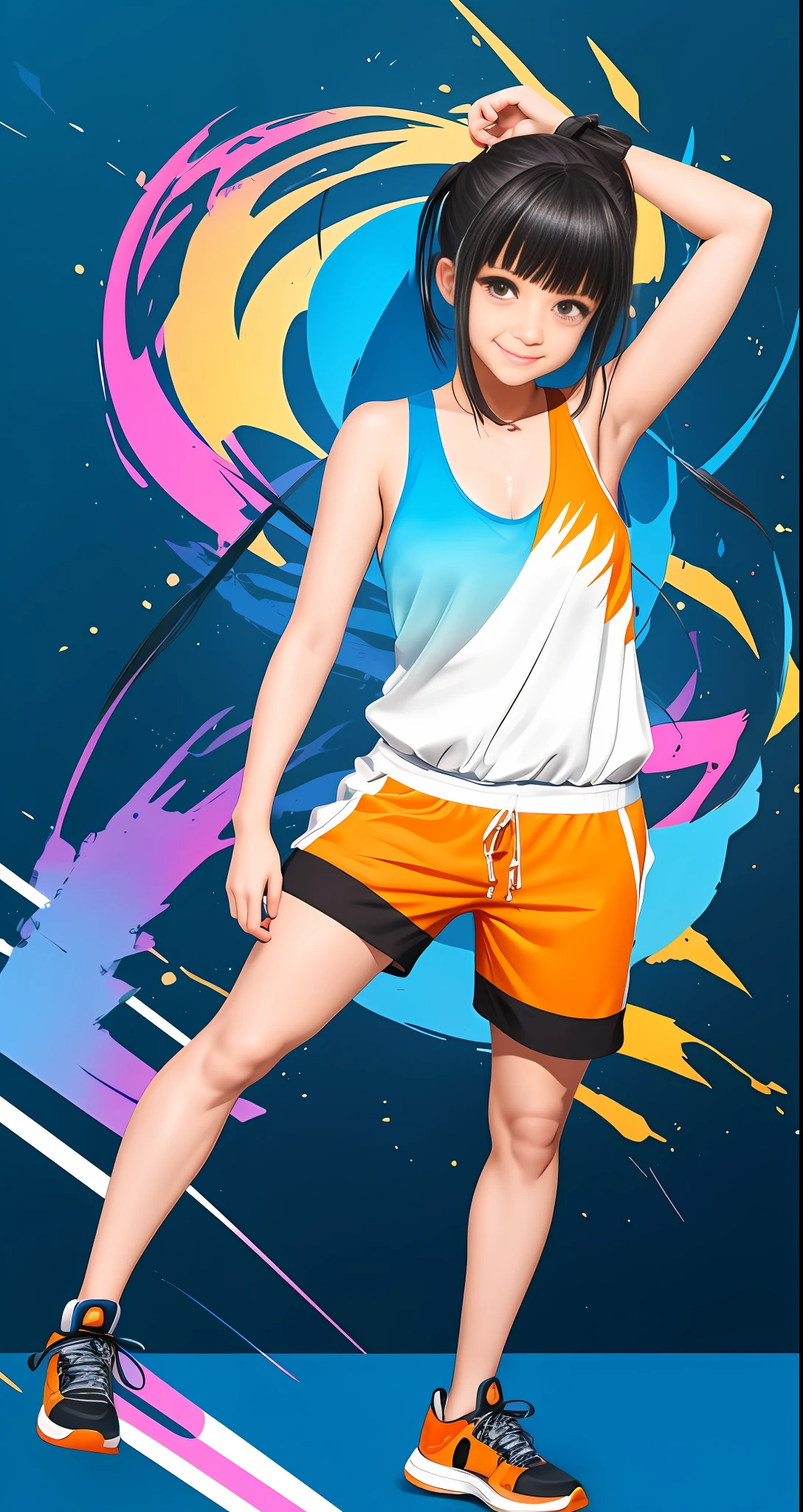 Create character, aice, colorful anime thick strokes, cracks, she is sweating a blue jumpsuit, black shoes, orange tank top, underneath the jumpsuit, dynamic full body pose, brown eyes, dark gray hair and bangs and some locks of the white tips, Band-Aid on the nose, smiling aice, anime style, wiit Studio traits. --auto --s2