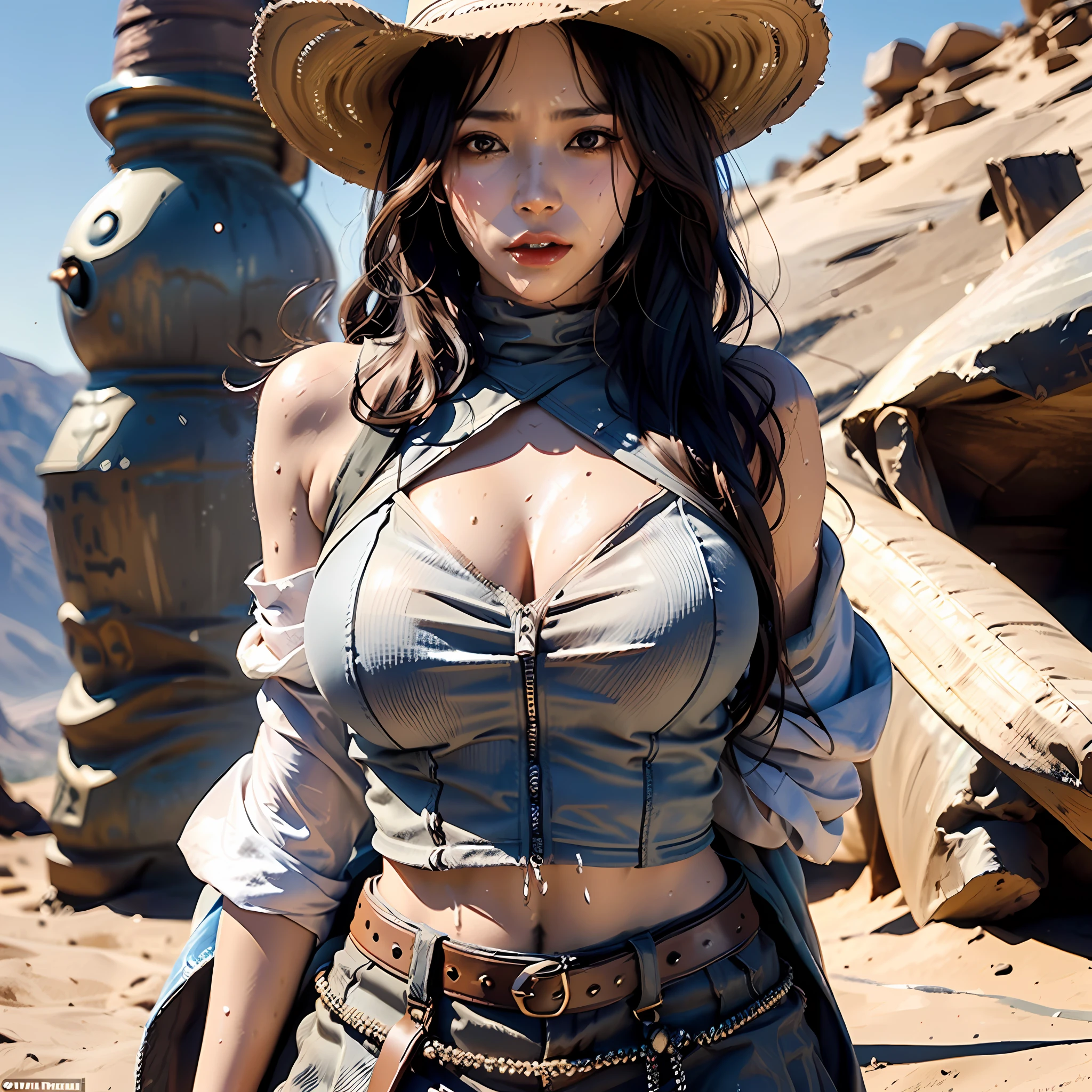 A beautiful woman dressed up as a cowboy walks happily through the desert of the Wild West. Daylight. Short skirt, big breasts, hot sweat, sweat wet her clothes, sweat beads kept dripping down, she unfastened her bra with her hands