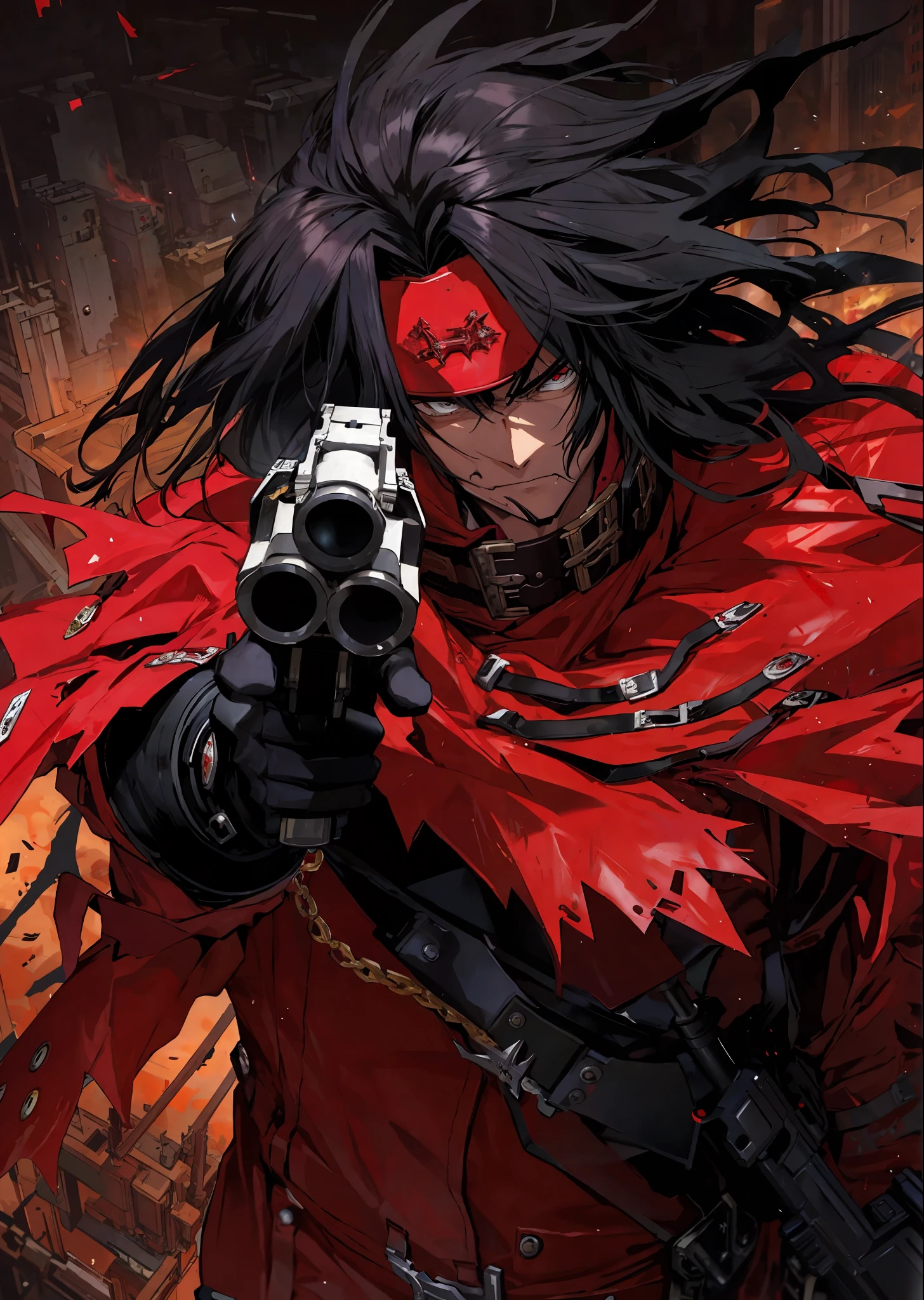 a close up of a person holding a gun in a red outfit, alucard, gungrave, inspired by Karl Kopinski, trigun, chris bachalo, guilty gear art direction, chris bachalo comic art, guilty gear art style, gunslinger, solomon kane, guilty gear, trigger anime artstyle, badass anime 8 k, menacing look, avatar image