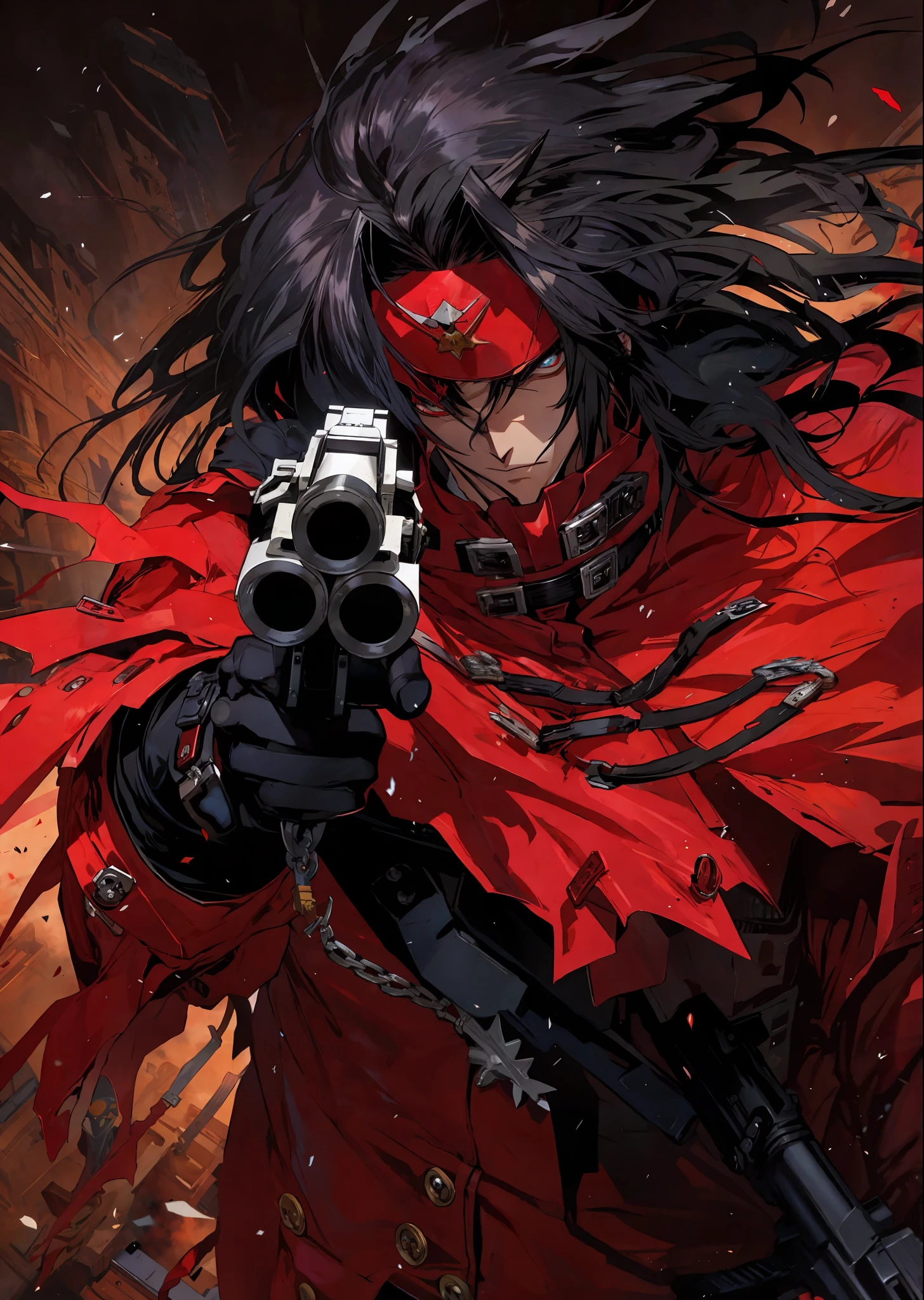 a close up of a person holding a gun in a red outfit, alucard, gungrave, inspired by Karl Kopinski, trigun, chris bachalo, guilty gear art direction, chris bachalo comic art, guilty gear art style, gunslinger, solomon kane, guilty gear, trigger anime artstyle, badass anime 8 k, menacing look, avatar image