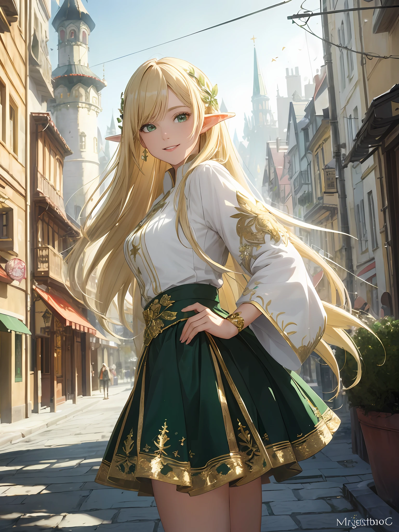 (((Masterpiece, Best Quality, High Definition, High Detail)))), ((((Fantasy)))), One, (Elf Woman)))), (Short White Skirt with Gold Embroidery), (Blonde Long Straight Hair), (Glossy Dark Green Eyes), (Green Surcoat with Gold Embroidery), Big, (Citadel Cityscape)), (Shopping Street of the Fortified City)), ( ( A lot of passers-by behind them)), tilting their heads, smiling, (breeze), particles of light flying