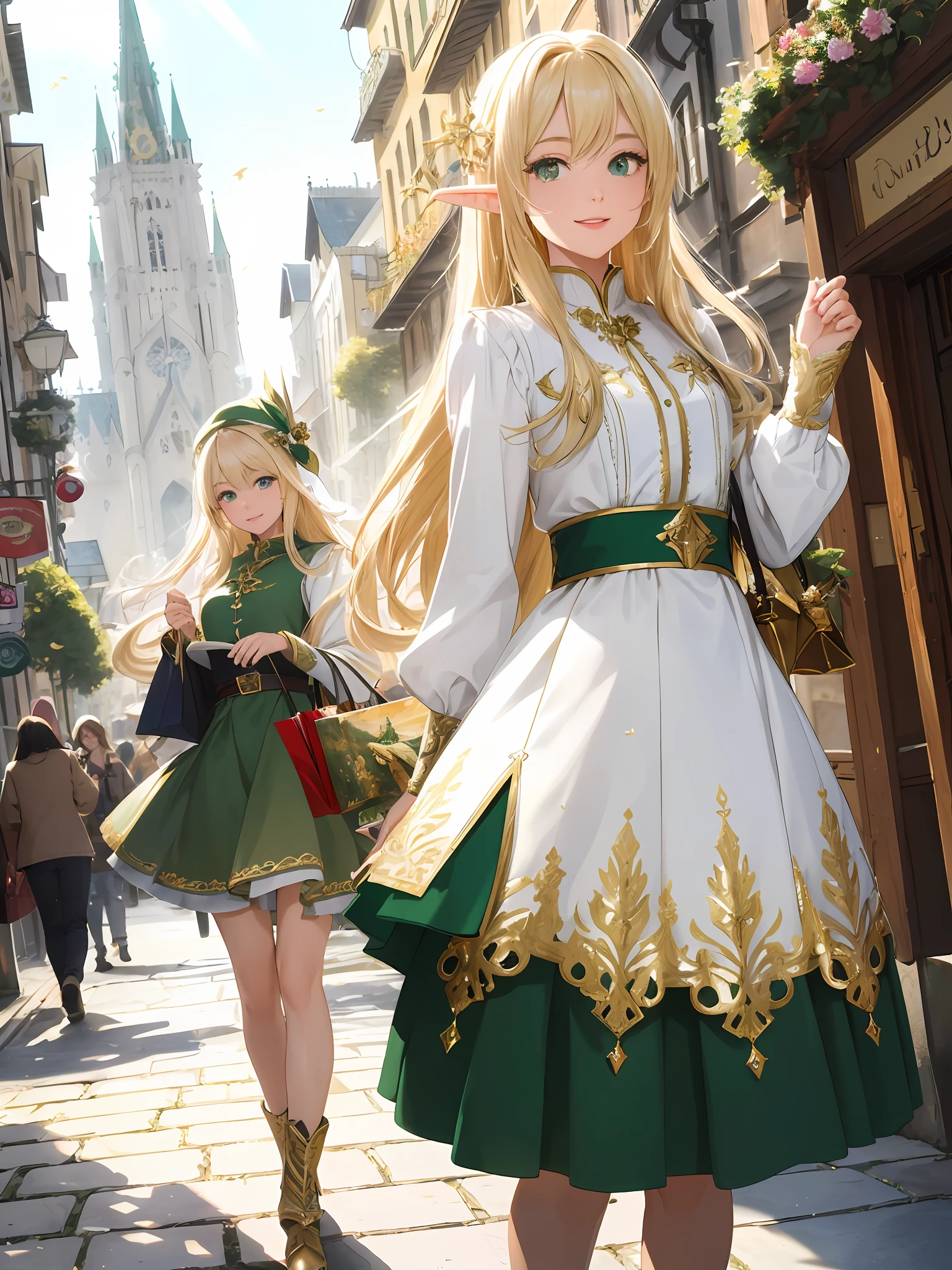 (((Masterpiece, Best Quality, High Definition, High Detail)))), ((((Fantasy)))), One, (Elf Woman)))), (Short White Skirt with Gold Embroidery), (Blonde Long Straight Hair), (Glossy Dark Green Eyes), (Green Surcoat with Gold Embroidery), Big, (Citadel Cityscape)), (Shopping Street of the Fortified City)), ( ( A lot of passers-by behind them)), tilting their heads, smiling, (breeze), particles of light flying