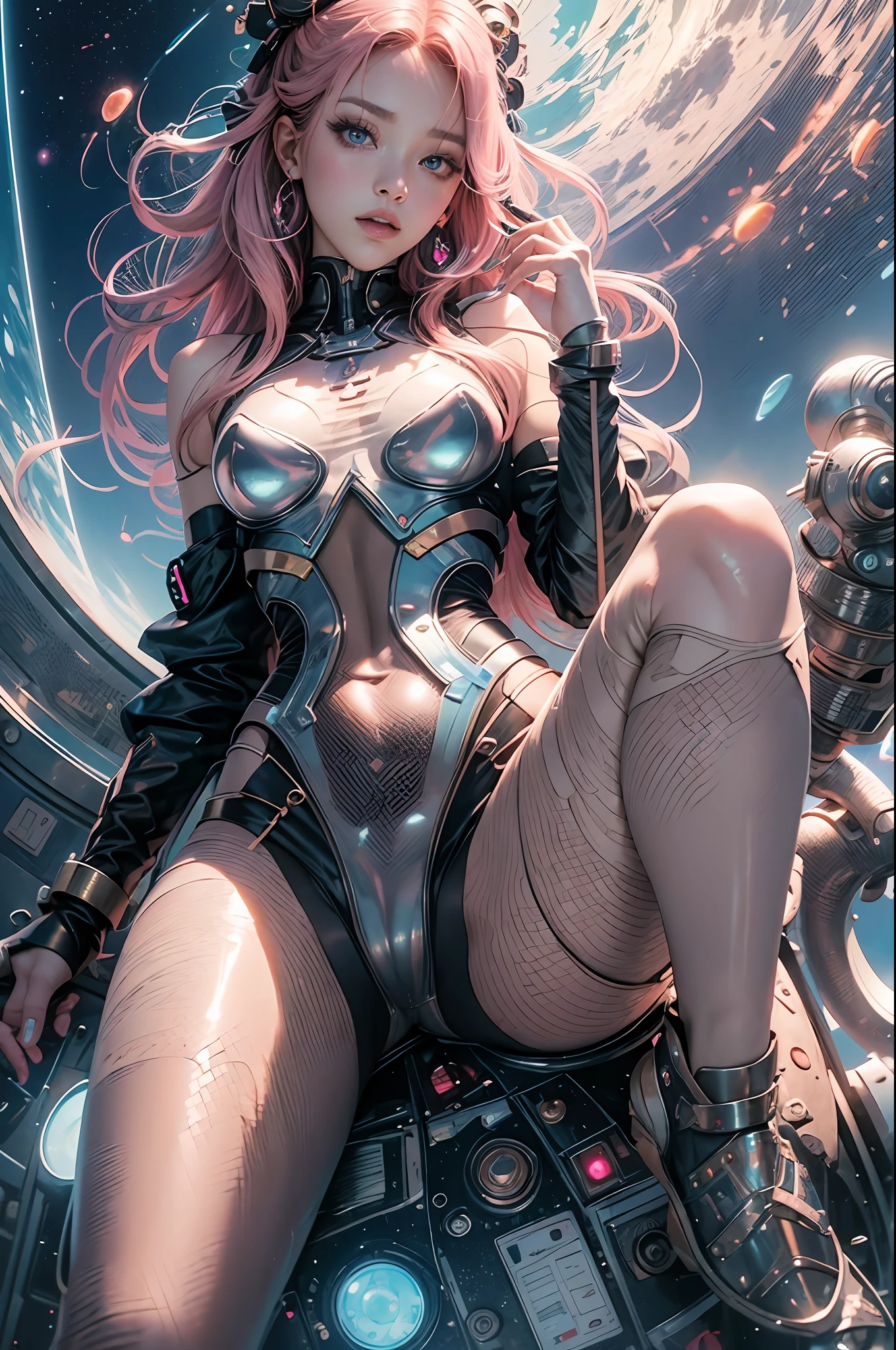(masterpiece), (full body, full entire body), realistic, (portrait of Rosé Blackpink), voluptuous body, unclothed, neon genesis evangelion pilot, beautiful face, cute face, sunlight, cinematic light, bangs, a beautiful woman, serious looking, dynamic pose, beautiful eyes, perfect eyes, perfect anatomy, very cute, princess eyes , (hazel eyes) , Ulzzang makeup, (frame the head), Centered image, stylized, bioluminescence, 8 life size,8k Resolution, black and pink jedi costume, human hands, wonder full, elegant, approaching perfection, space station background, dynamic, highly detailed, character sheet, smooth, body is symmetrical and balanced, stunningly beautiful woman, detailed hairstyle, Lisa Blackpink, ChilloutMix, Korean Doll Likeness, alphonse mucha inspired --auto --s2