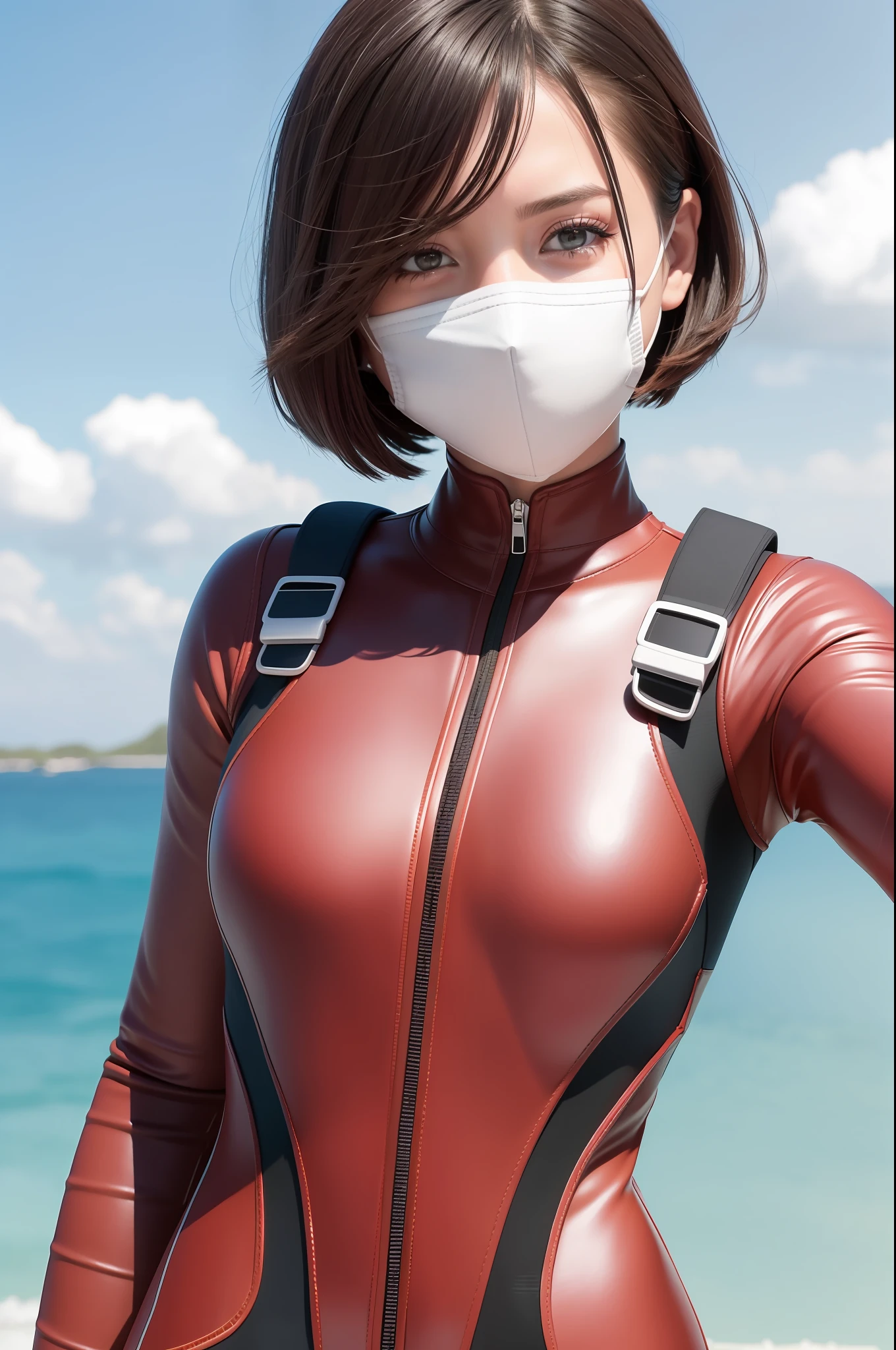(RAW Photos: 1.2), (Photorealistic: 1.4), (Masterpiece: 1.3), (Best Quality: 1.4), Ultra High Resolution, (Detailed Eye Features), (Detailed Facial Features), (Detailed Clothing Features), HDR, 8k Resolution, Solo Focus, Bangs, Skin Tight, (Glossy Skin), (Slender Beautiful Girl), Fantastic, (Ultra Detailed Illustration), Check Commentary, commentary request, landscape, no letters, VirtualGirl-Rin, small, bob hair, short hair, brown hair, brown eyes, 1 girl, upper body, white diving suit, happy, smile, mask,
