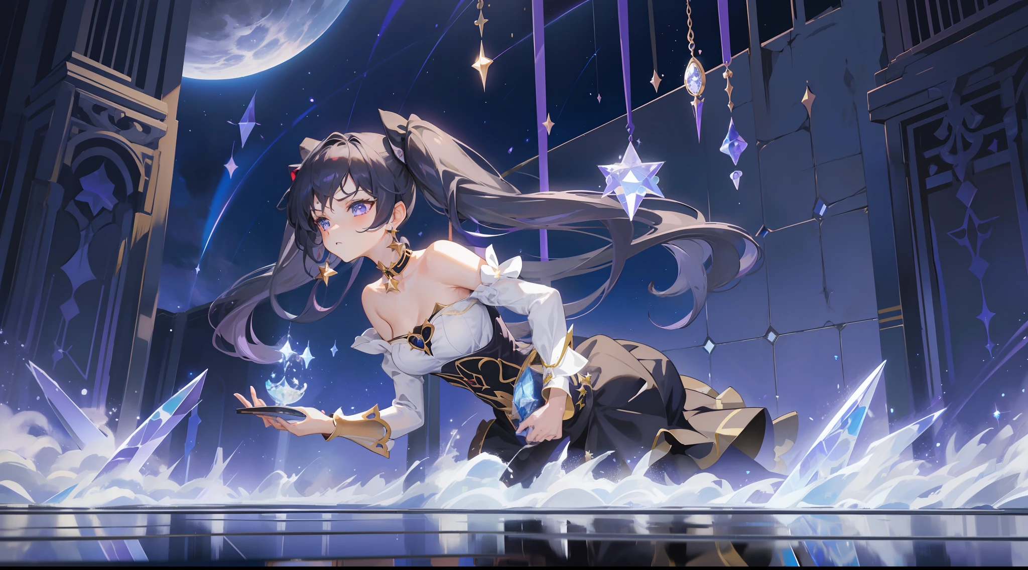 girl, solo, Mona \(Genshin Impact\), choker, hair between eyes, star \(symbol\), long hair, dark purple hair, twintails, blue eyes, shining eyes, earrings, jewelry, witch, maid, bangs, black shoes, purple black dress, purple skirt, white apron, landscape, night sky, star \(sky\), starry sky, night, outdoor, clouds, reflection, water, magic, tarot, water magic, sorceress, fairy, ((beautiful golden crystal star))