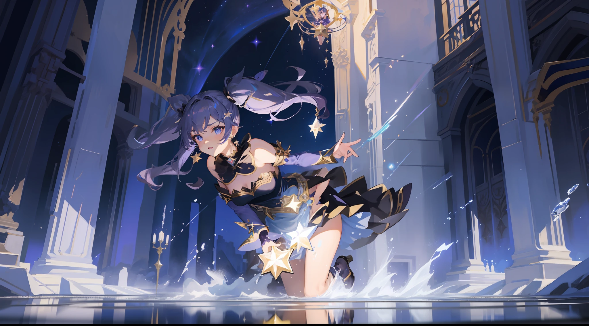 girl, solo, Mona \(Genshin Impact\), choker, hair between eyes, star \(symbol\), long hair, dark purple hair, twintails, blue eyes, shining eyes, earrings, jewelry, witch, maid, bangs, black shoes, purple black dress, purple skirt, white apron, landscape, night sky, star \(sky\), starry sky, night, outdoor, clouds, reflection, water, magic, tarot, water magic, sorceress, fairy, ((beautiful golden crystal star))