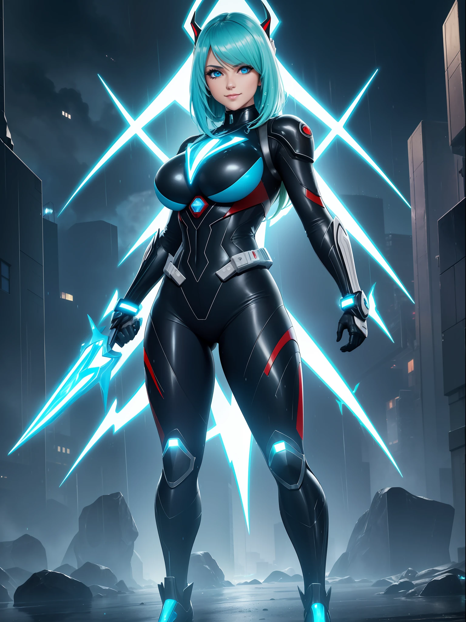 (full body photo),((Luana/Woman with black shoes, with large breasts, black with white parts/kamen Rider/Ultraman/futuristic/transparent cemi costume, with luminous blue jewelry on the breastplate of the suit, extremely tight on the body)). In a futuristic city with heavy rain charged clouds in the night sky. Luana has ((short green hair with clips, blue eyes)), her hair and her clothes are extremely soaked, she is staring at the viewer, smiling. red cheek, front, anime, anime style, mortal kombat, 16k, UHD, best quality, high quality, award winning, anatomically correct, masterpiece