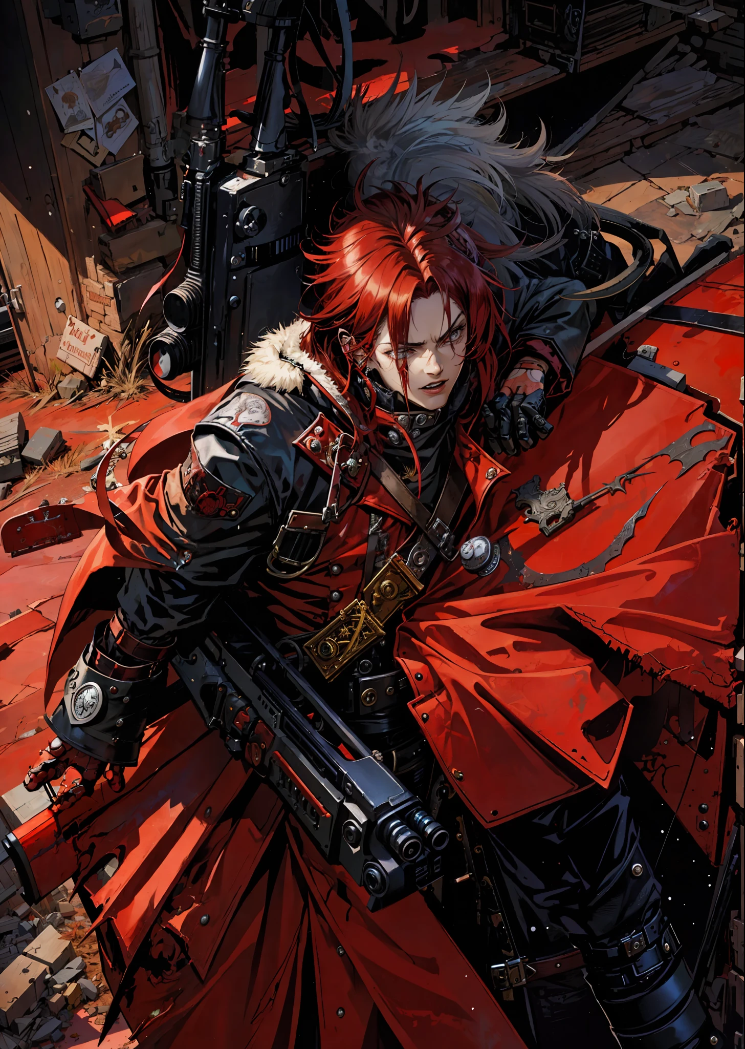 a close up of a person holding a gun in a red outfit, alucard, gungrave, inspired by Karl Kopinski, trigun, chris bachalo, guilty gear art direction, chris bachalo comic art, guilty gear art style, gunslinger, solomon kane, guilty gear, trigger anime artstyle, badass anime 8 k, menacing look, avatar image