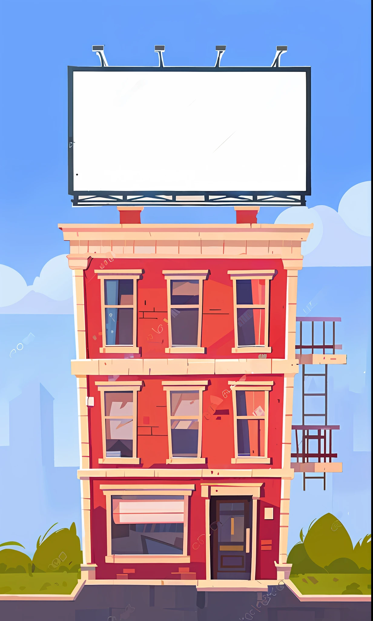 a red building with a billboard on the top of it, flat illustration, stylized digital illustration, building facing, realistic building, stock illustration, single building, high quality illustration, commercial billboard, vector illustration, artwork of a building, brick building, detailed 2d illustration, big poor building, city street view background, random background scene, commercial illustration, highly detailed illustration