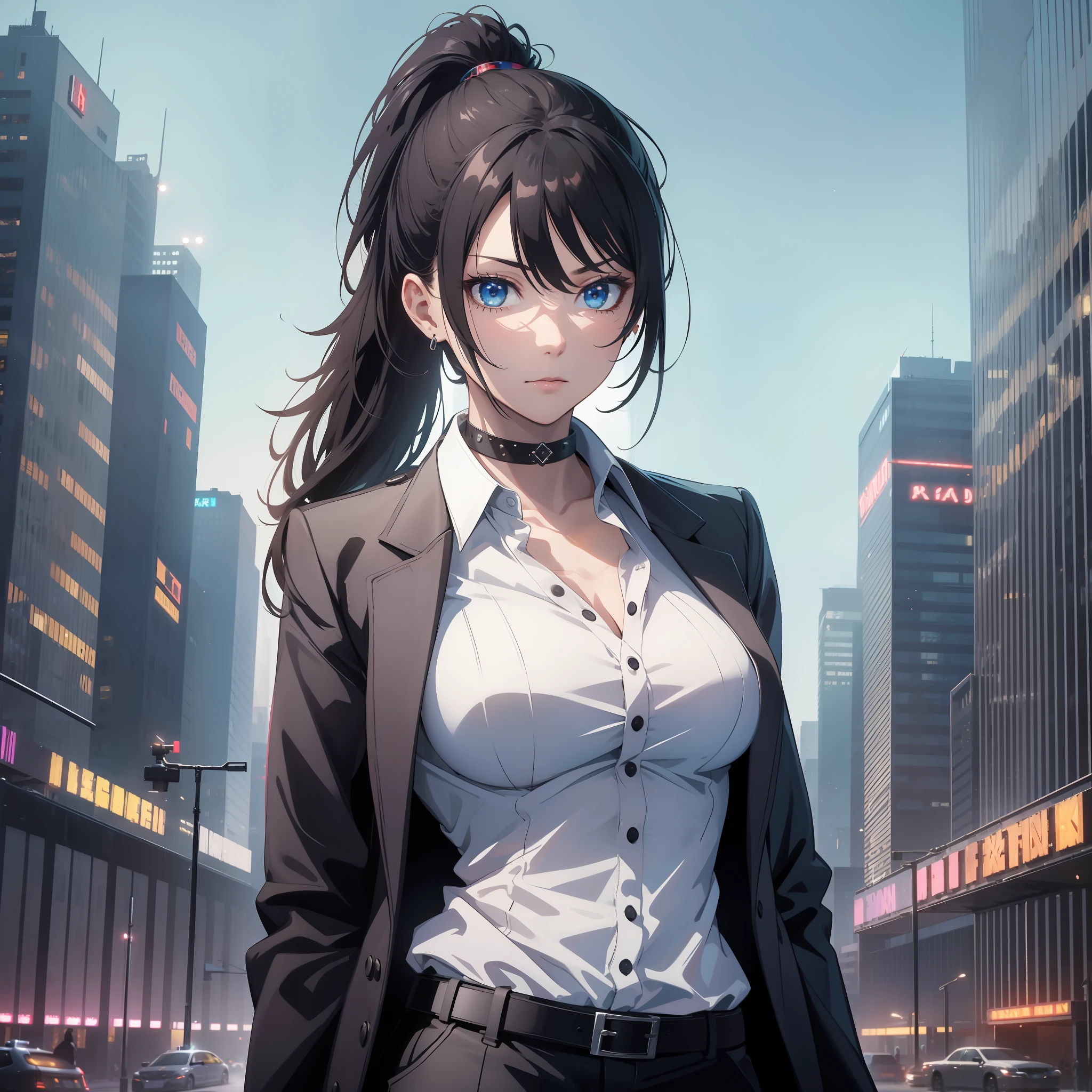 16K, HDR, RTX, raytracing, natural lighting, absurdres, best quality masterpiece, cowboy shot, perfect anatomy, highly detailed face, detailed eyes, 1girl, solo, wearing a business suit, white shirt, top button open, choker, long ponytail, extreme beautiful, edgy, cool, windy, glowing eyes, serious expressions, detailed office background, skyscrapers, award winning, neon lights, trending on art station, police, detective