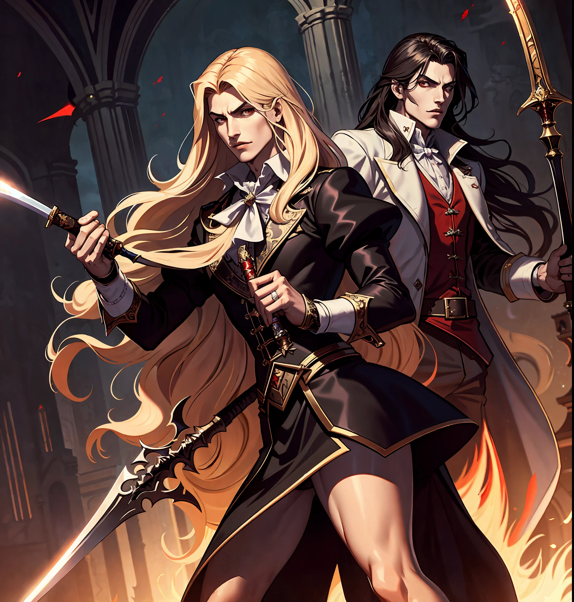 masterpiece, high quality, high resolution, absurdities, fine details, alucard castlevania netflix, vampire killer, man, handsome, fighting stance with a sword, night, castle,