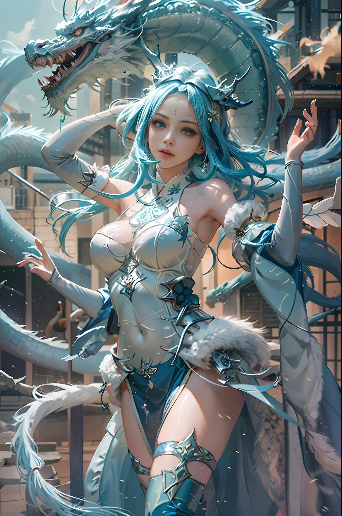 Beautiful girl in Hanfu with lake in background, girl standing with cyan Chinese dragon, (Dragon: 1.4), Dragon Facing Lens, (Realistic, Photo Realistic: 1.3), Extremely Delicate and Beautiful, Amazing, Fine Detail, (Best Illustration), (Best Shadow), Intricate, Behind a Cyan Chinese Dragon (Dragon: 1.4), Water Surrounding, Lake Water in Background, Black Mountains, Trees, Wind, Long Wavy Body, Fangs, Fantasy, Mythology, High Quality, Highly Detailed, Epic, Particle Effects, Dynamic Effects, Surround), Clouds, Sunset, Sharp Focus, Volumetric Fog, 8K Ultra HD, DSLR, High quality, (Film grain: 1.4), Fujifilm XT3,Official Art, Unity 8K wallpaper, Super detailed, Beautiful and beautiful, Best quality, (Tangled, entangled), (Fractal Art: 1.4), 1 girl, Chinese, gorgeous hanfu skirt, calf, navel, very detailed, dynamic angle, denim lens, (most beautiful chaotic shape), flowing, (bright colors), OC, (half: 1.2), china, (tape: 1.3), (dream: 1.5), (Hanfu: 1.5), (Smile: 0.5), (Chinese God 1.3), Complex, Ultra Detailed, (Skin Dents), Female, Detailed Body, (Detailed Face: 1.1), (Contour Iris), (Watercolor Lenses), (Perfect Eyes), Gorgeous, (Masterpiece: 1.2), (Best Quality: 1.2), Wide Buttocks, Thick Thighs, (Big Tits: 1.2) and (Big Breasts: 1.2), Detailed Background, Cinematic Light, Best Shadow, Cute Detail Face, Dramatic Light, Intricate details, flowing long hair, ethereal light, wide angle, solo, full body, colorful, flame, charming, enchanting, mature woman, thin waist, gorgeous goddess, Buddha-figure, absurd long hair, pale gold eyes, looking at the audience, delicate pattern, precious stone, gold, diamond, fine feathers, volumetric light, holiness, backlight, opposite, girl with antler decoration on her head, girl with black hair, hair bobbles, wince, longeyelashes, solid circle eyes, fake animal ears, light smile, ear blush, fang, China Dragon, Take a photo with the Chinese dragon, Behind the girl stood a Chinese dragon, There are splashing scenes, water bloom, T