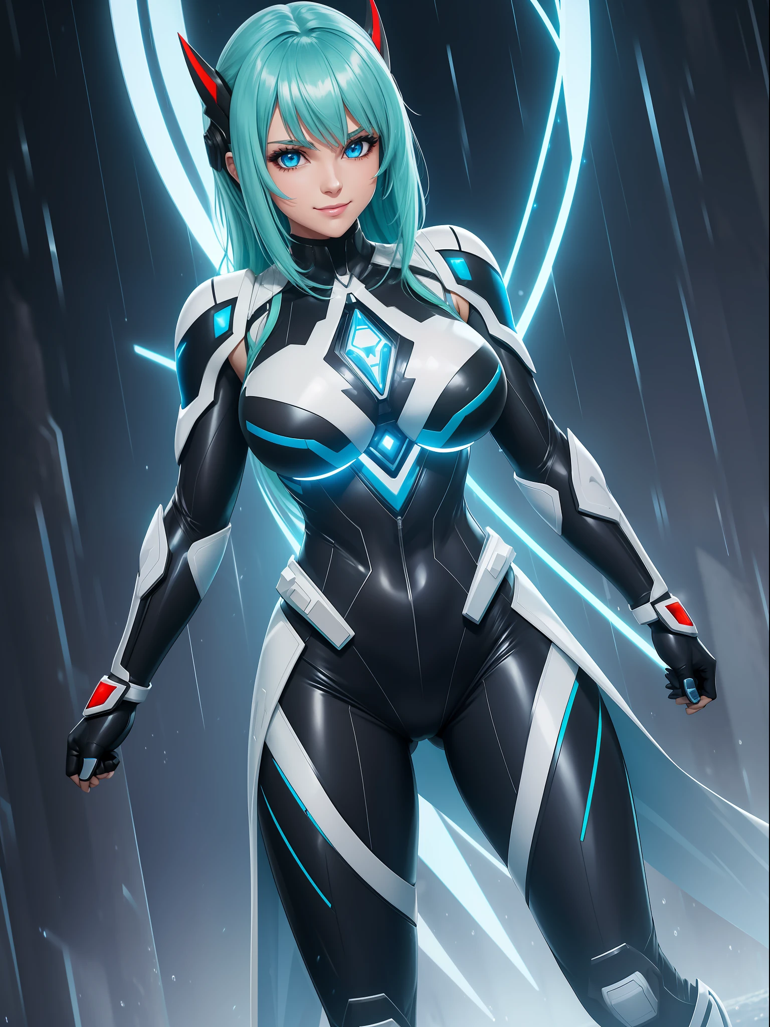 (show from head to toe/full body photo),((Luana/Woman, with large breasts, black with white parts/kamen Rider/Ultraman/futuristic/transparent cemi costume, with luminous blue jewelry on the breastplate of the suit, extremely tight on the body)). In a futuristic city with heavy rain charged clouds in the night sky. Luana has ((short green hair with clips, blue eyes)), her hair and her clothes are extremely soaked, she is staring at the viewer, smiling. red cheek, front, anime, anime style, mortal kombat, 16k, UHD, best quality, high quality, award winning, anatomically correct, masterpiece