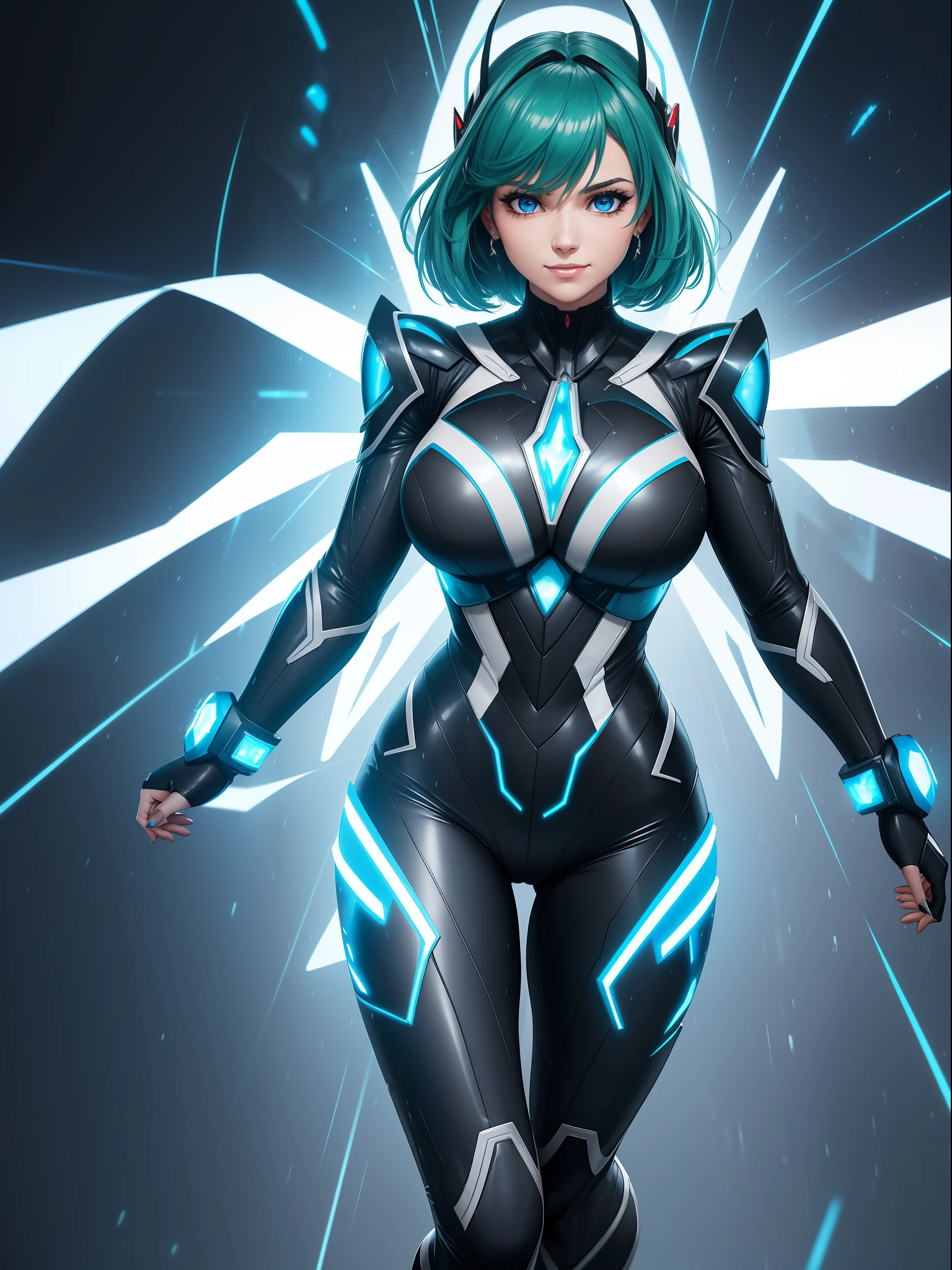 (show from head to toe/full body photo),((Luana/Woman, with large breasts, black with white parts/kamen Rider/Ultraman/futuristic/transparent cemi costume, with luminous blue jewelry on the breastplate of the suit, extremely tight on the body)). In a futuristic city with heavy rain charged clouds in the night sky. Luana has ((short green hair with clips, blue eyes)), her hair and her clothes are extremely soaked, she is staring at the viewer, smiling. red cheek, front, anime, anime style, mortal kombat, 16k, UHD, best quality, high quality, award winning, anatomically correct, masterpiece